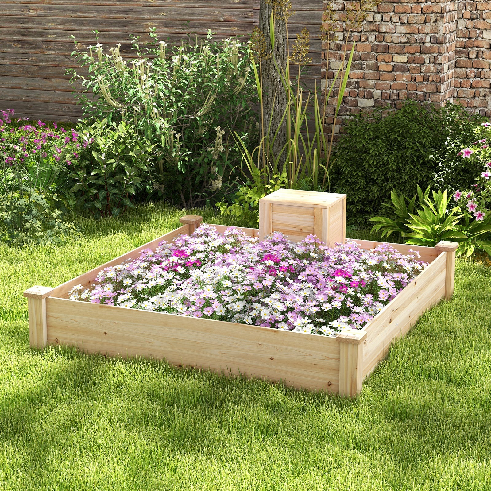 49 x 49 x 10 Inch Raised Garden Bed with Compost Bin -Natural