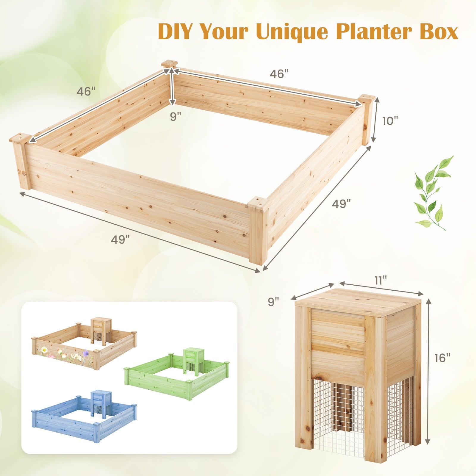 49 x 49 x 10 Inch Raised Garden Bed with Compost Bin -Natural