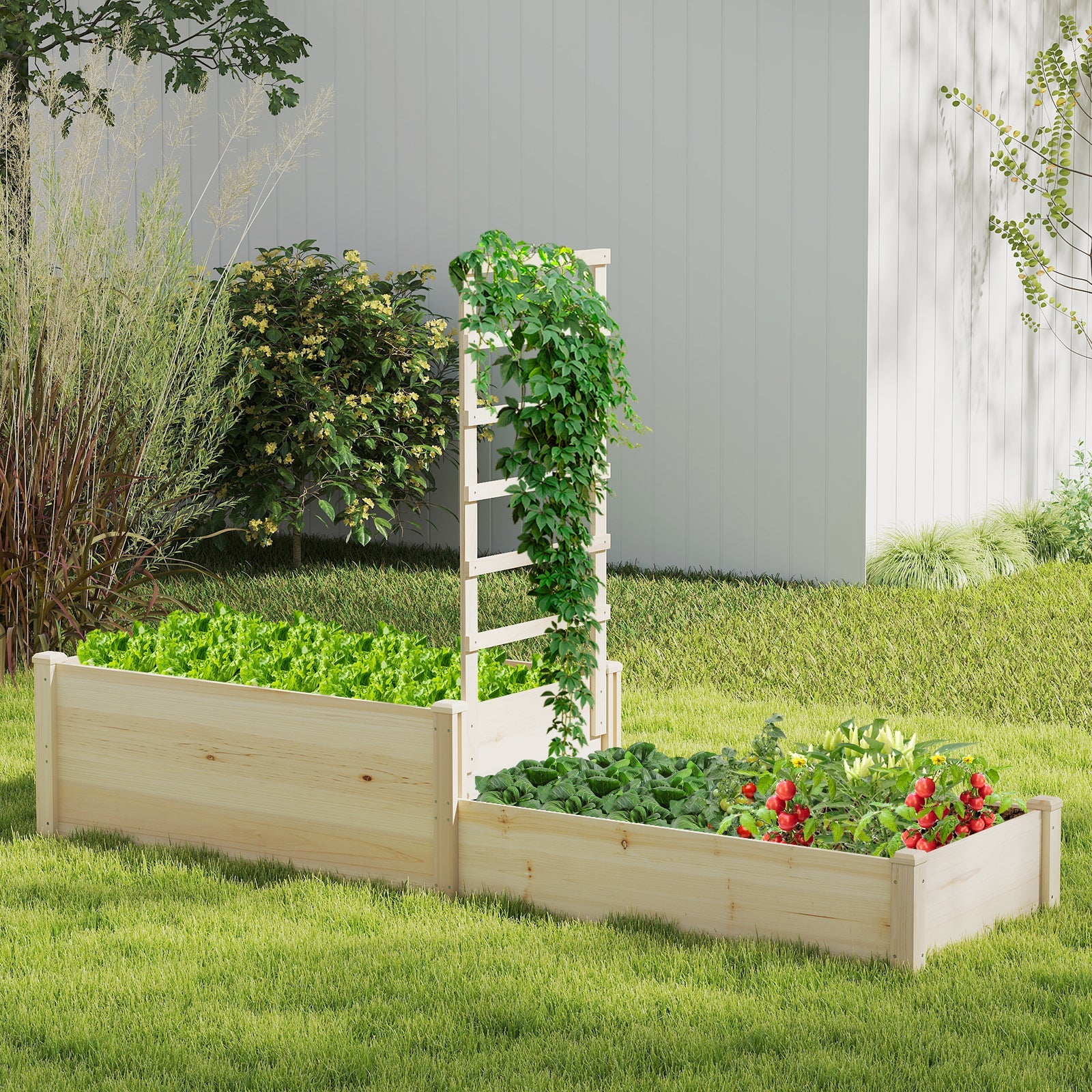 Raised Garden Bed with Trellis 87 Inch with 2 Planter Boxes-Natural