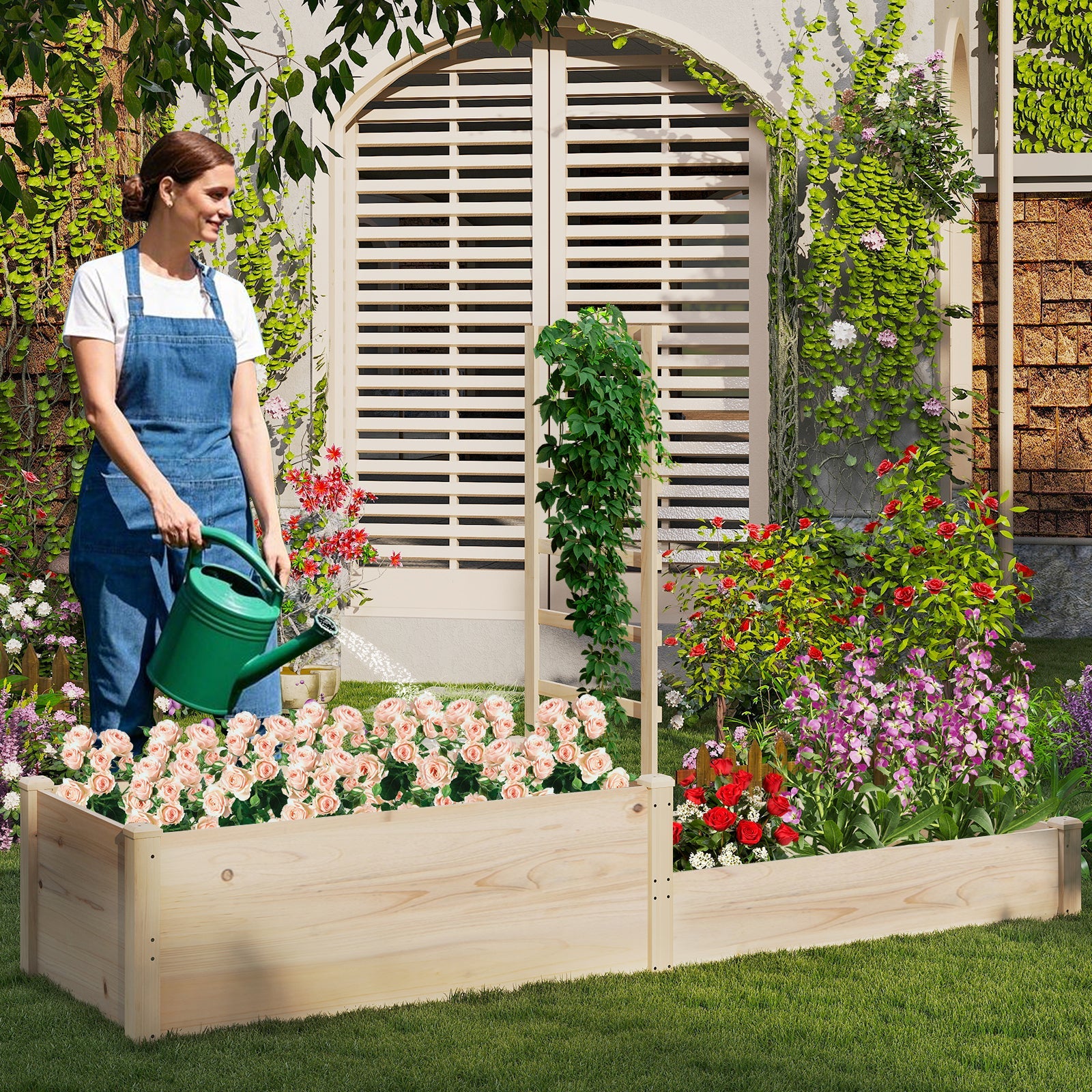 Raised Garden Bed with Trellis 87 Inch with 2 Planter Boxes-Natural