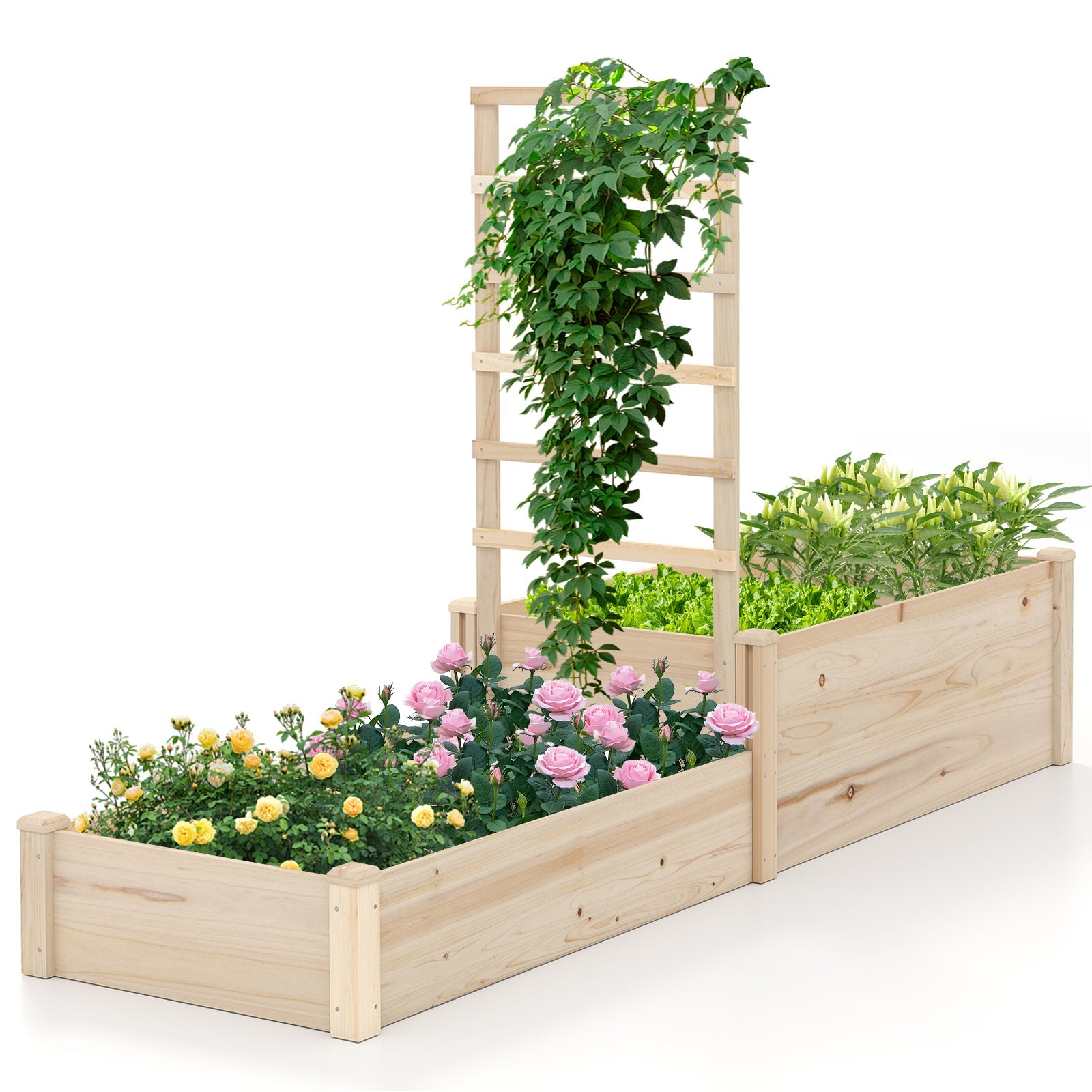 Raised Garden Bed with Trellis 87 Inch with 2 Planter Boxes-Natural