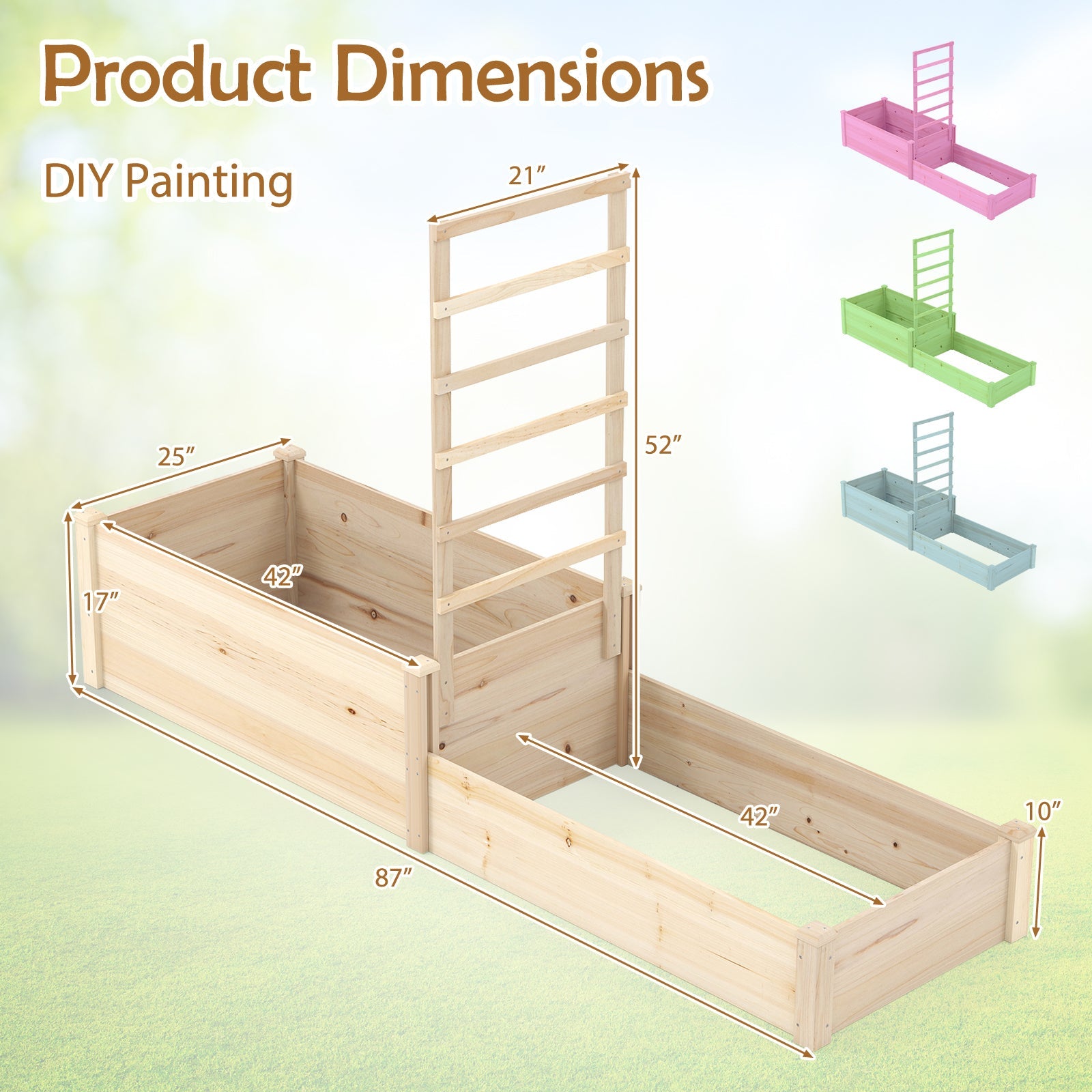 Raised Garden Bed with Trellis 87 Inch with 2 Planter Boxes-Natural