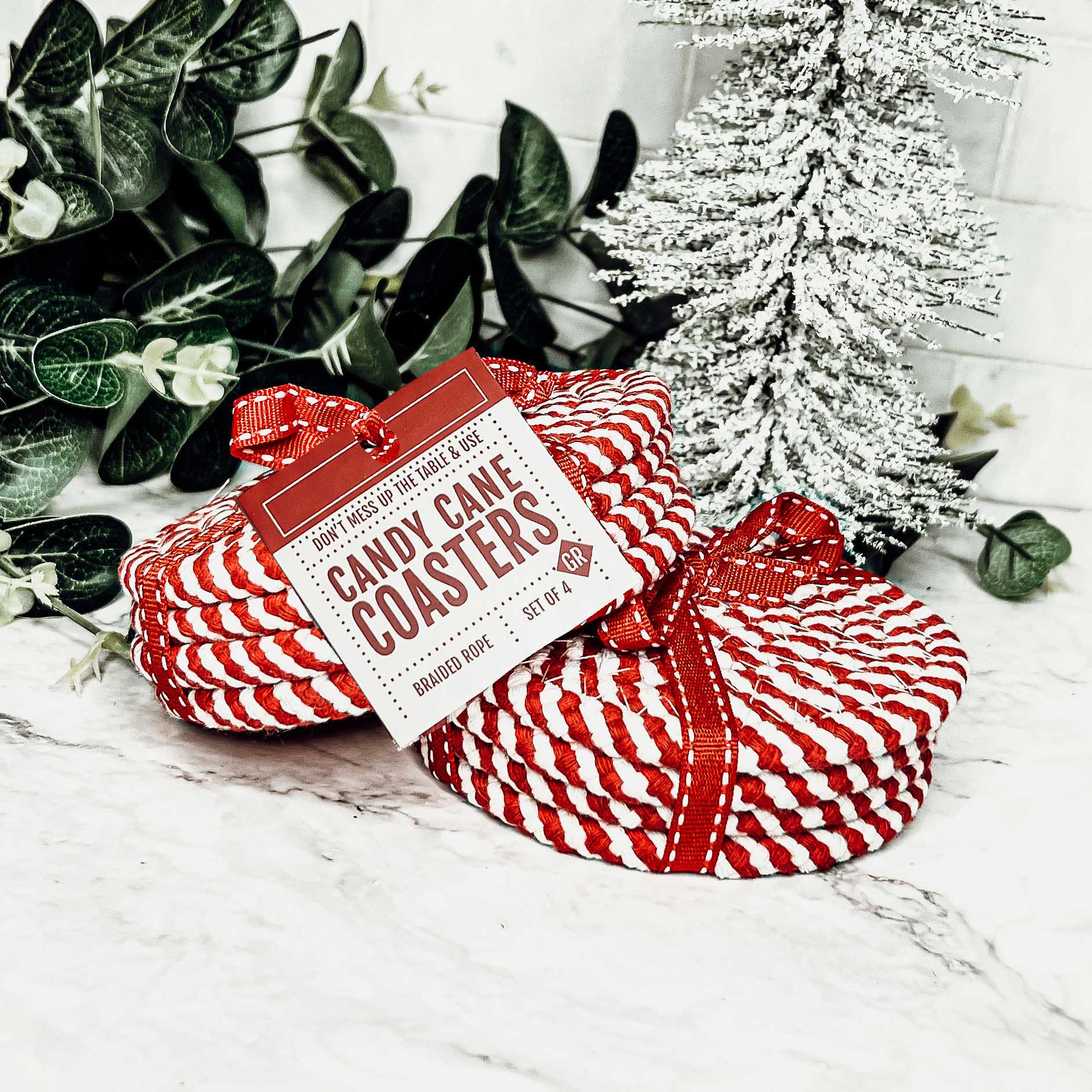 Christmas coasters candy cane design braided rope holiday decor
Holiday gift set candy cane coasters red white green striped