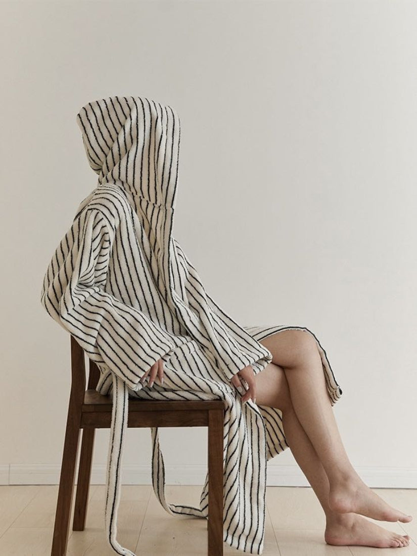 Retro 100% ORGANIC Long - stapled Cotton Hooded Stripe Bath Robe - Retro Striped Bath Robe - INSPECIAL HOME