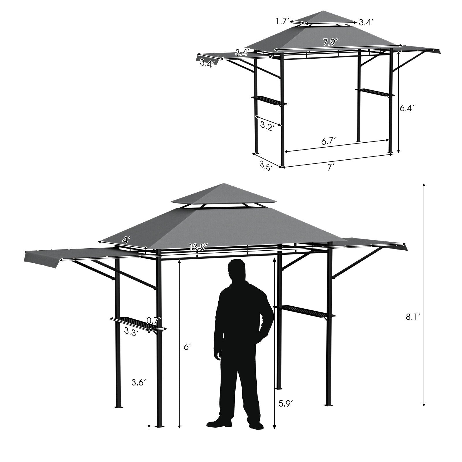 13.5 x 4 Feet Patio Gazebo Canopy with Dual Side Awnings-Gray