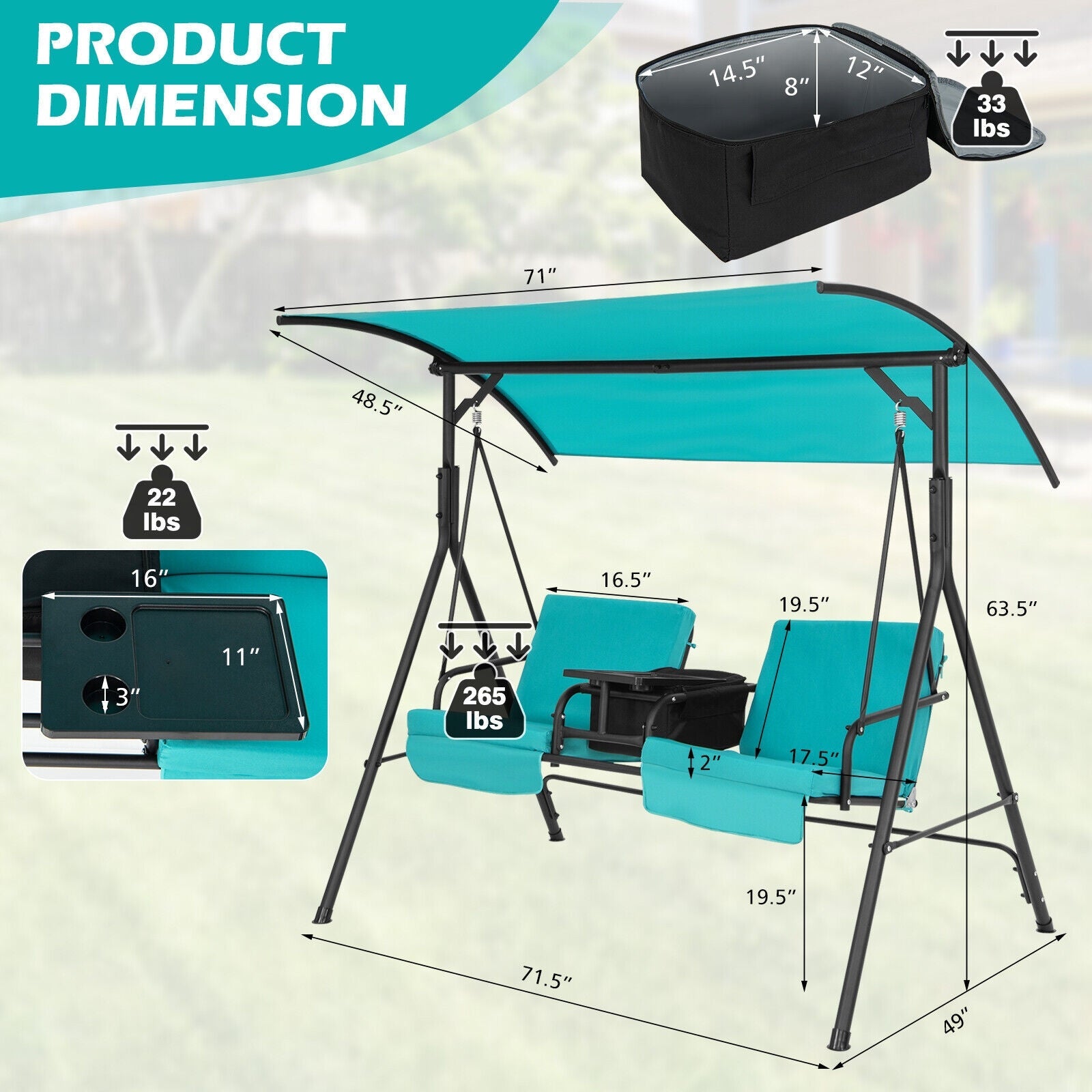 Porch Swing Chair with Adjustable Canopy - Turquoise