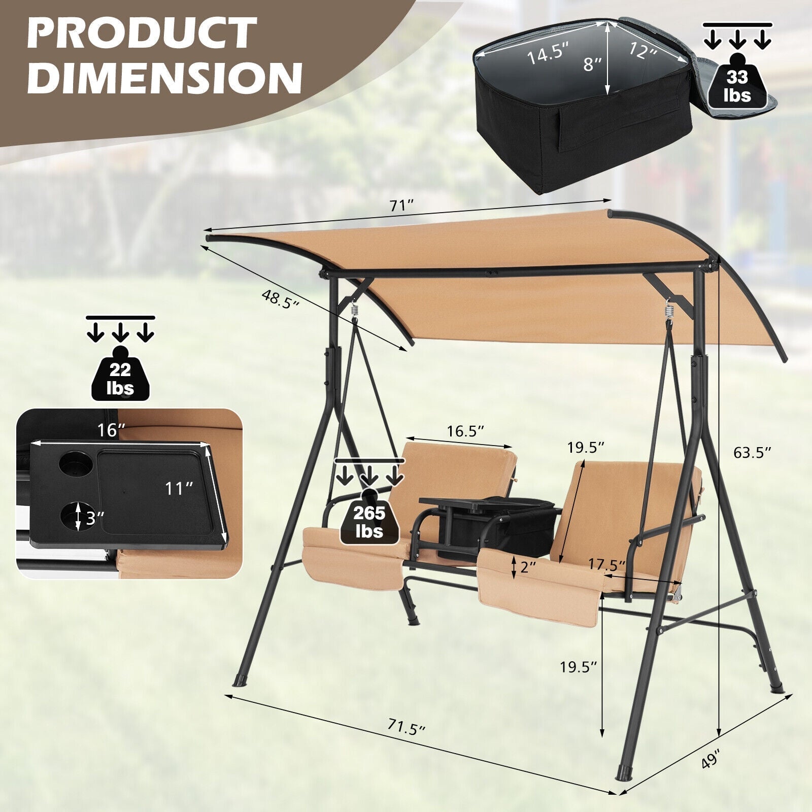 Porch Swing Chair with Adjustable Canopy - Beige