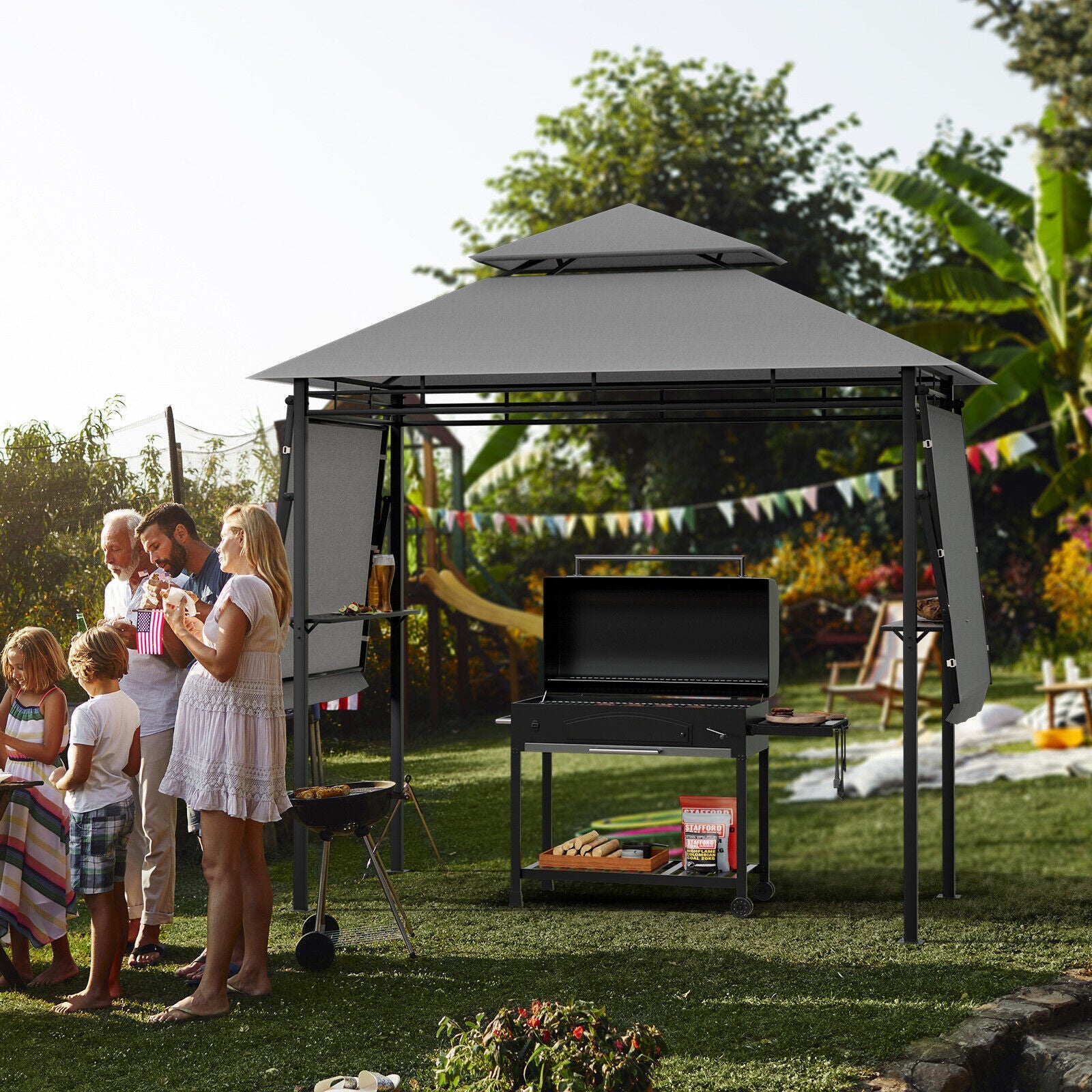 13.5 x 4 Feet Patio Gazebo Canopy with Dual Side Awnings-Gray