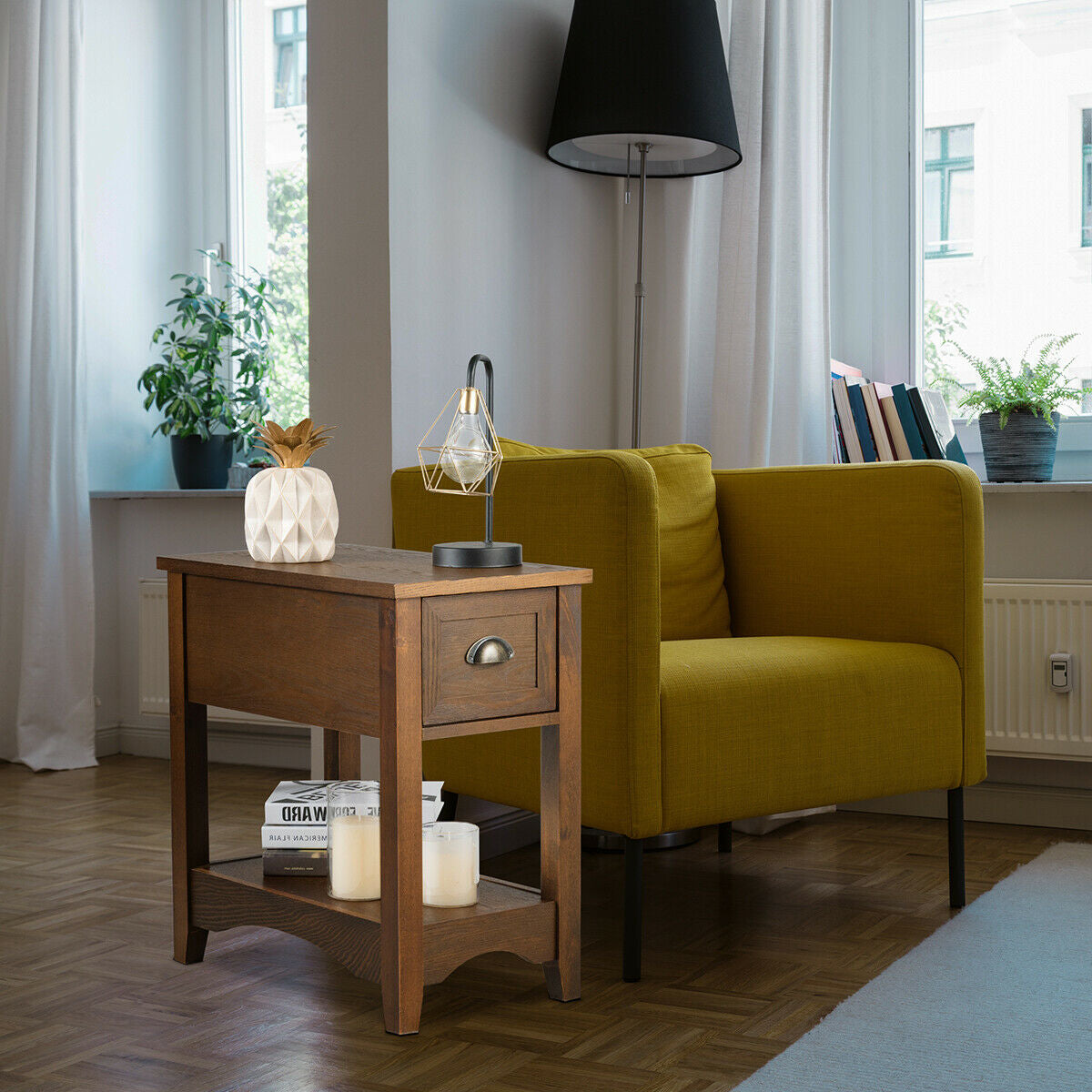 Contemporary Chair Side End Table with Drawer Nightstand-Yellow