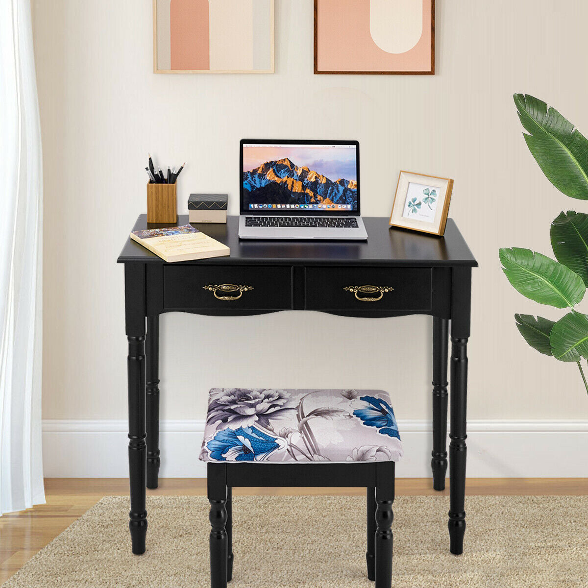 Simple Vanity Set with Tri-Folding Mirror Drawers and Storage Shelf-Black