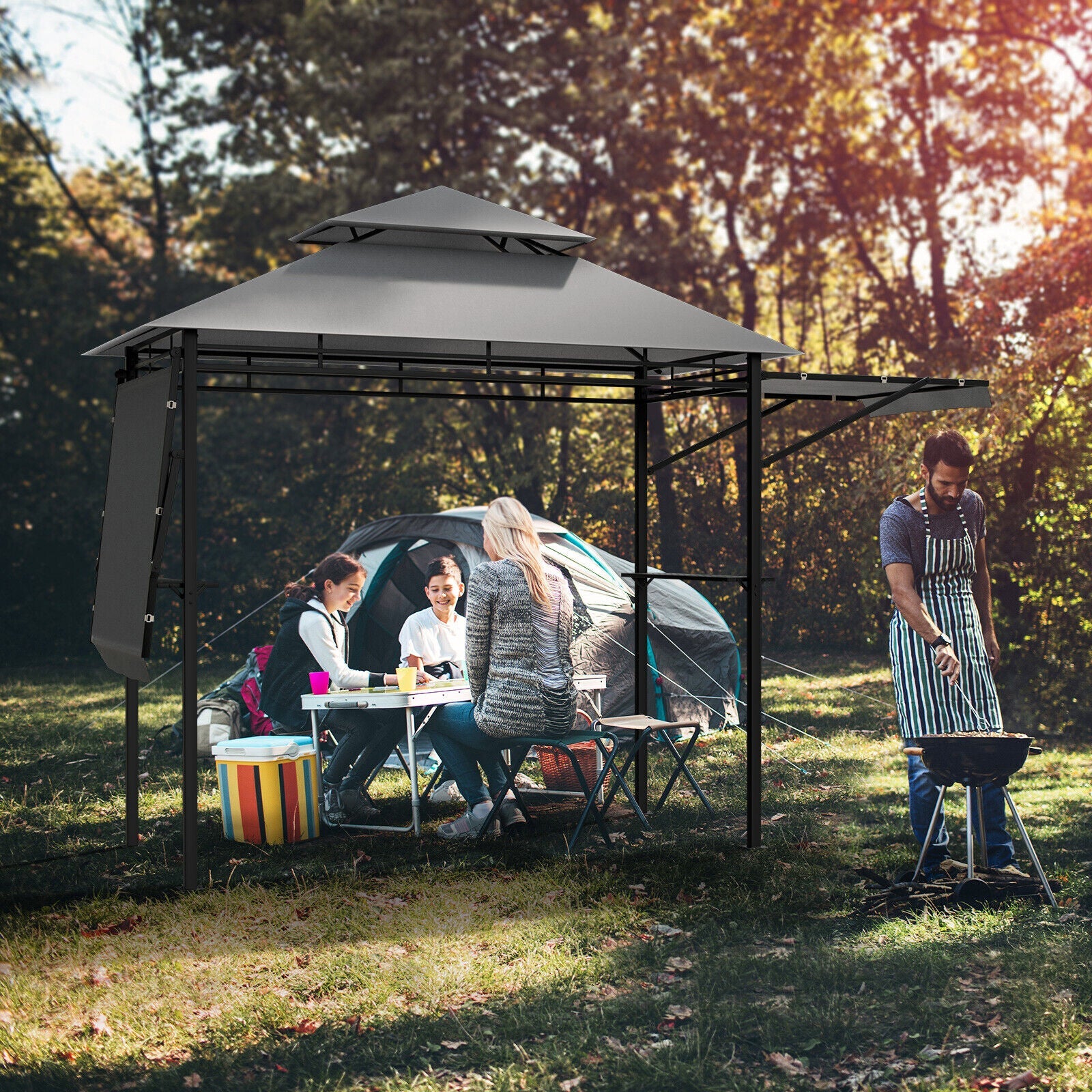 13.5 x 4 Feet Patio Gazebo Canopy with Dual Side Awnings-Gray