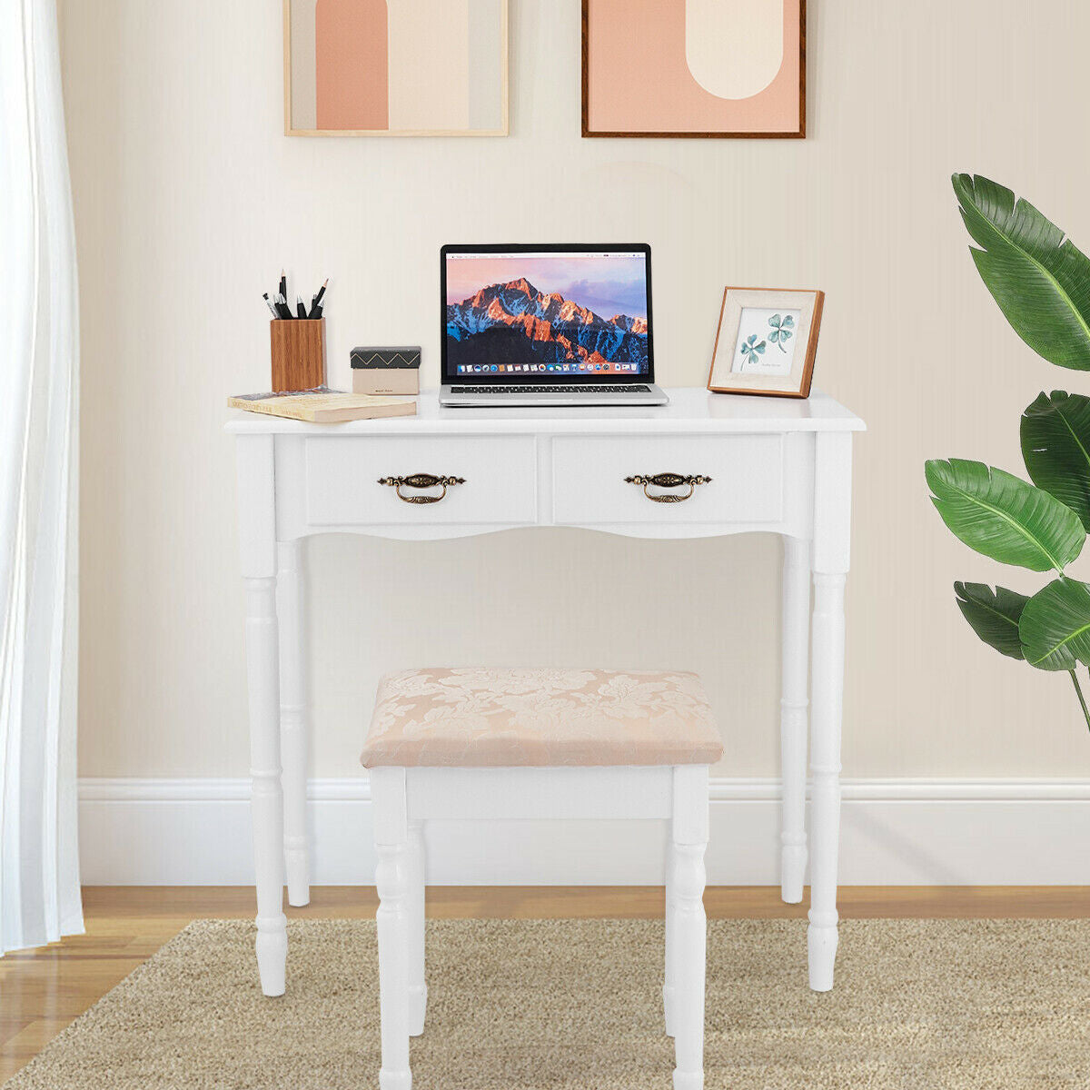 Simple Vanity Set with Tri-Folding Mirror Drawers and Storage Shelf-White