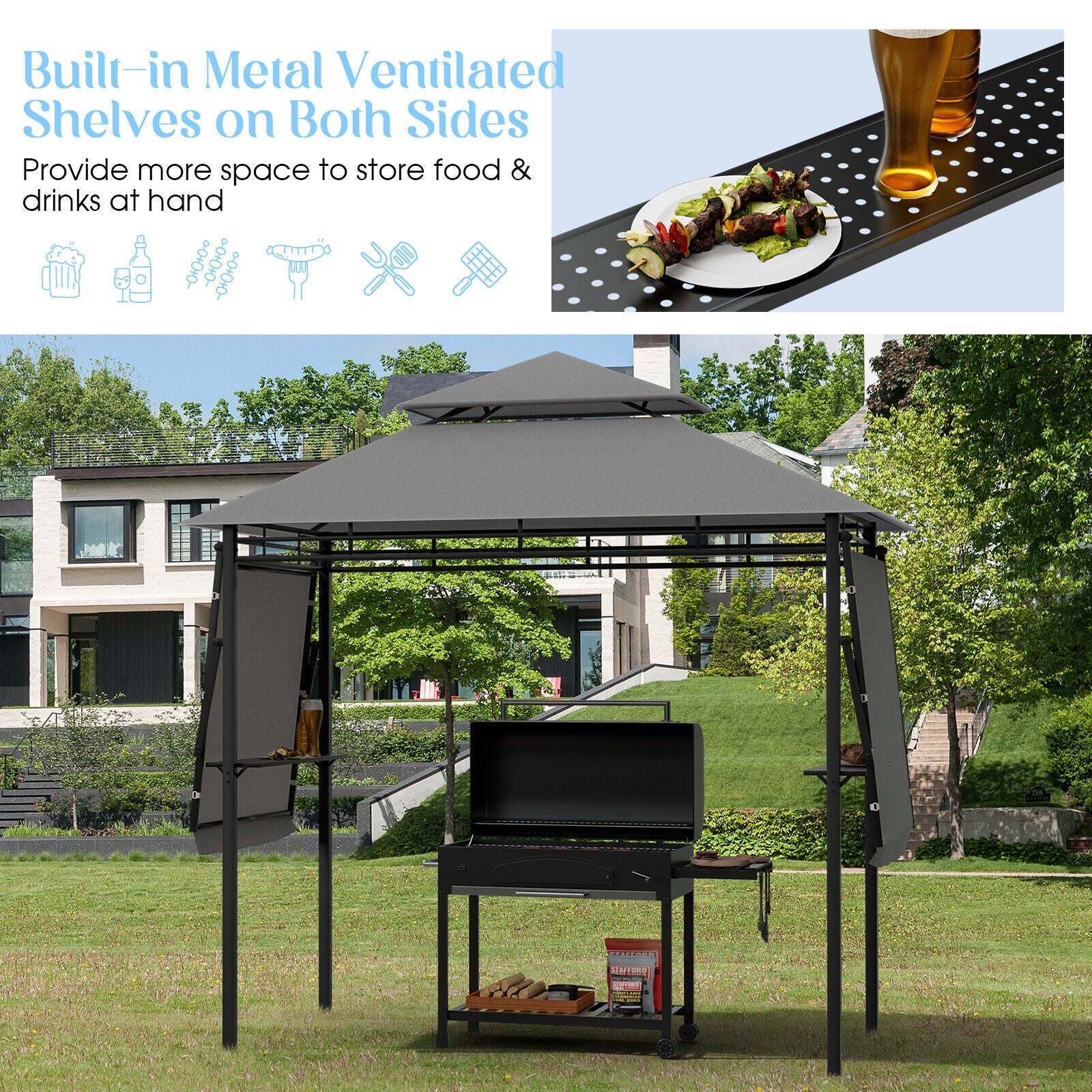 13.5 x 4 Feet Patio Gazebo Canopy with Dual Side Awnings-Gray
