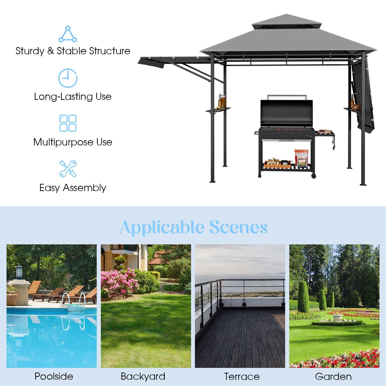 13.5 x 4 Feet Patio Gazebo Canopy with Dual Side Awnings-Gray