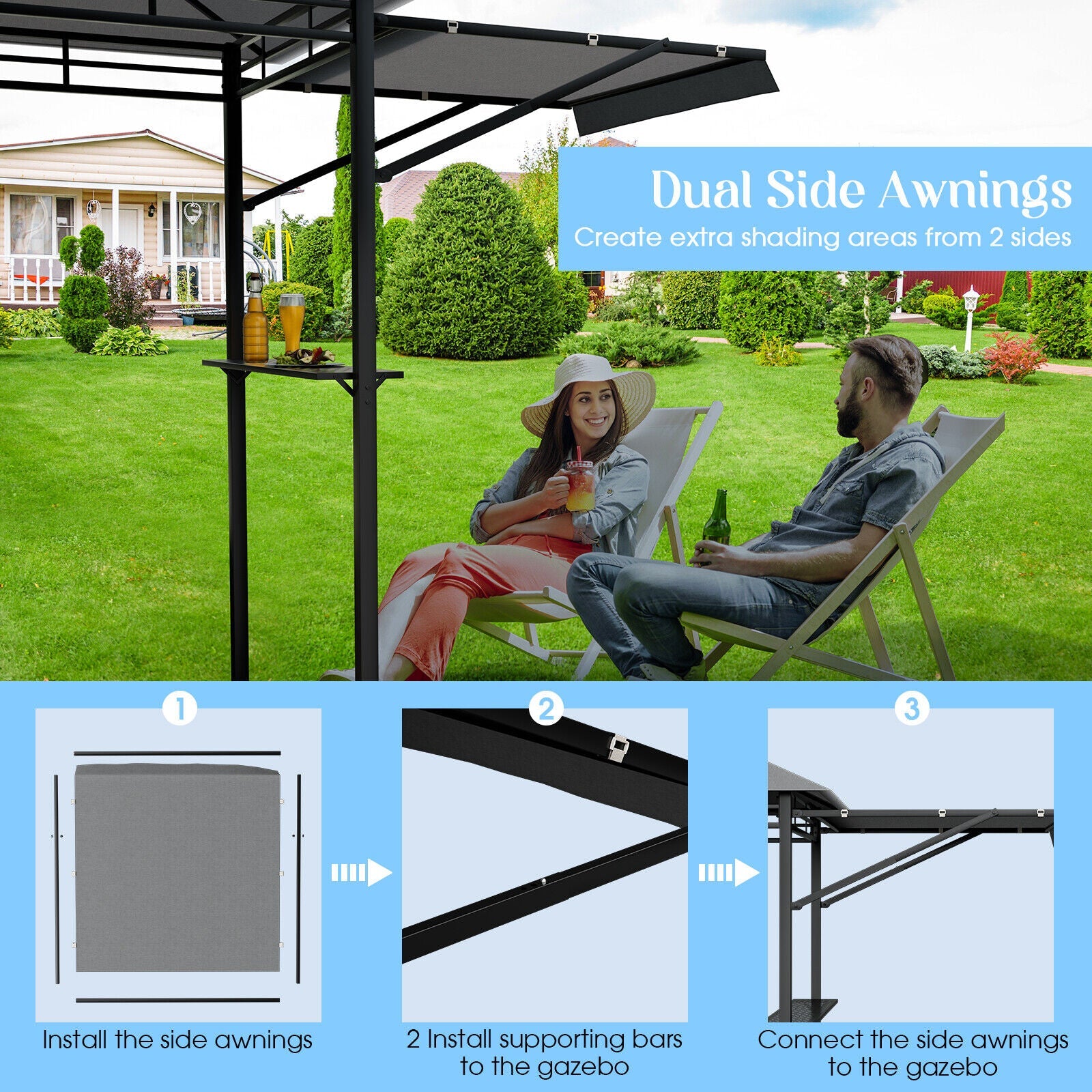 13.5 x 4 Feet Patio Gazebo Canopy with Dual Side Awnings-Gray