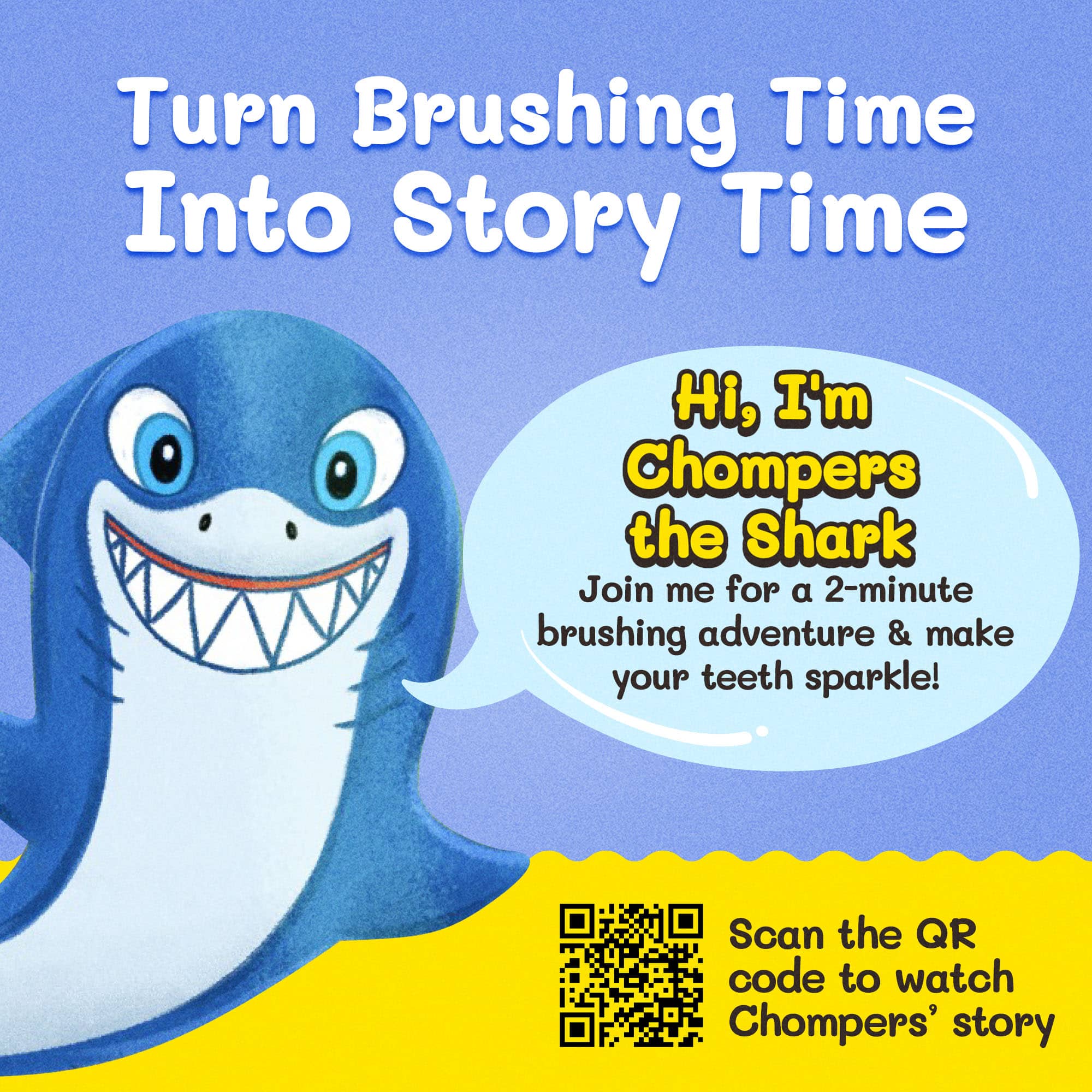 Shark toothbrush for kids featuring Chompers the Shark character promoting fun brushing time