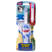 My Store shark toothbrush for kids with blue shark design and extra brush head in packaging