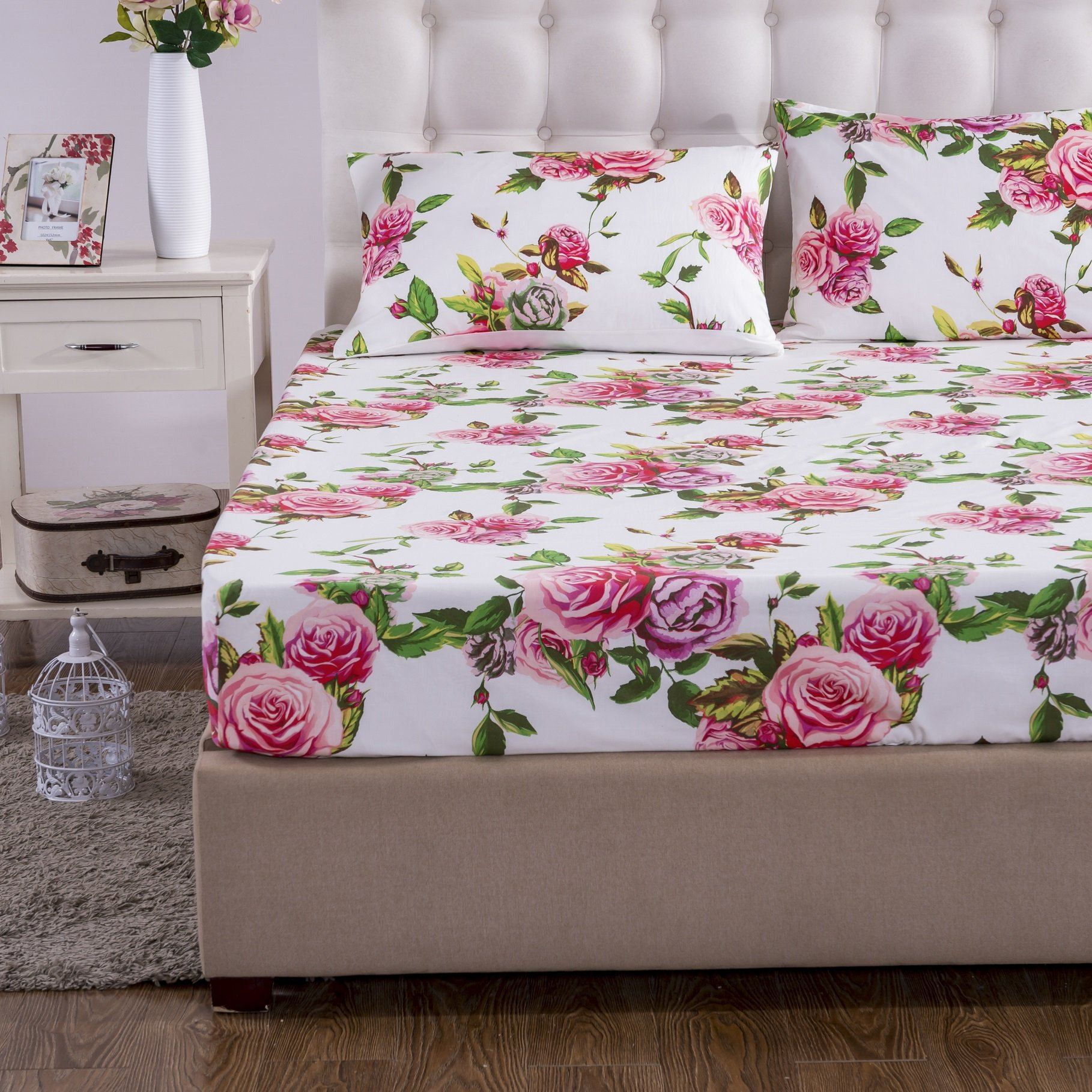 Lovely Spring Pink Floral Fitted Bed Sheet w/ Pillow Cases