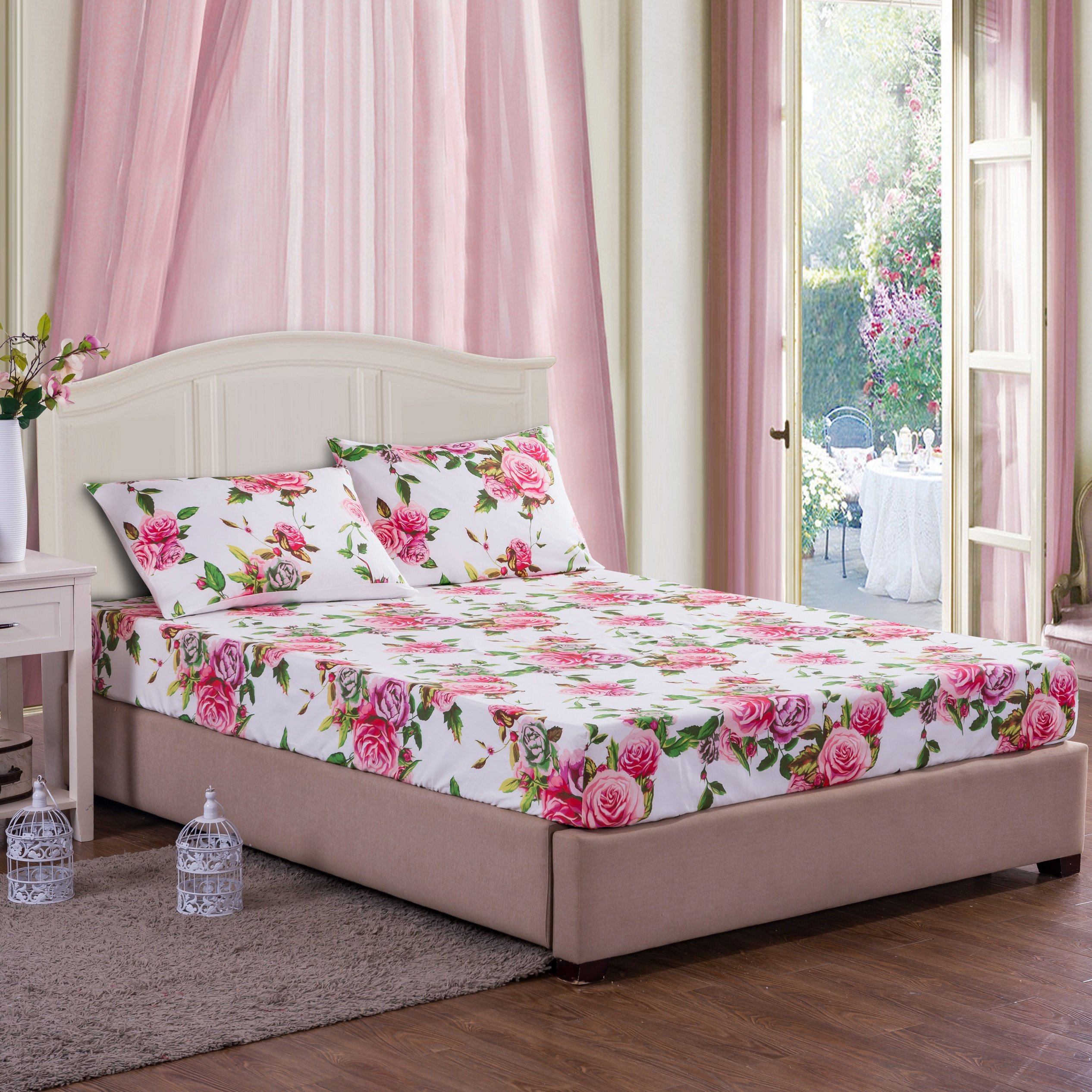 Lovely Spring Pink Floral Fitted Bed Sheet w/ Pillow Cases