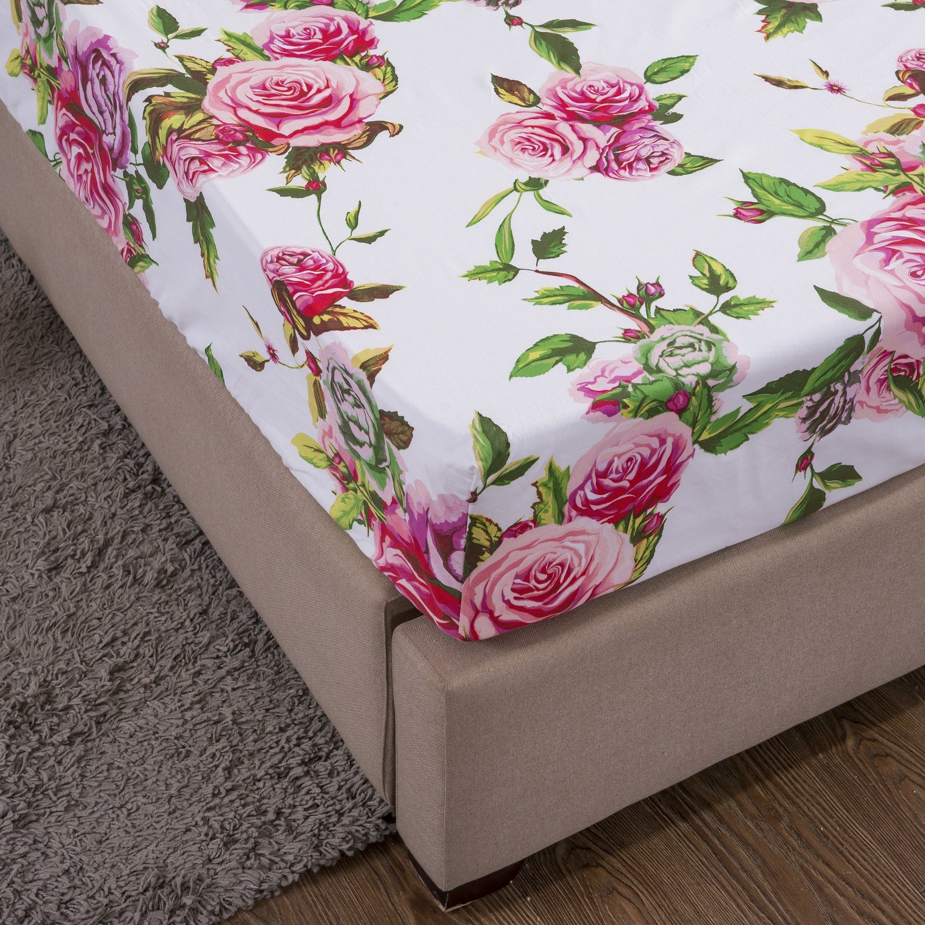 Lovely Spring Pink Floral Fitted Bed Sheet w/ Pillow Cases