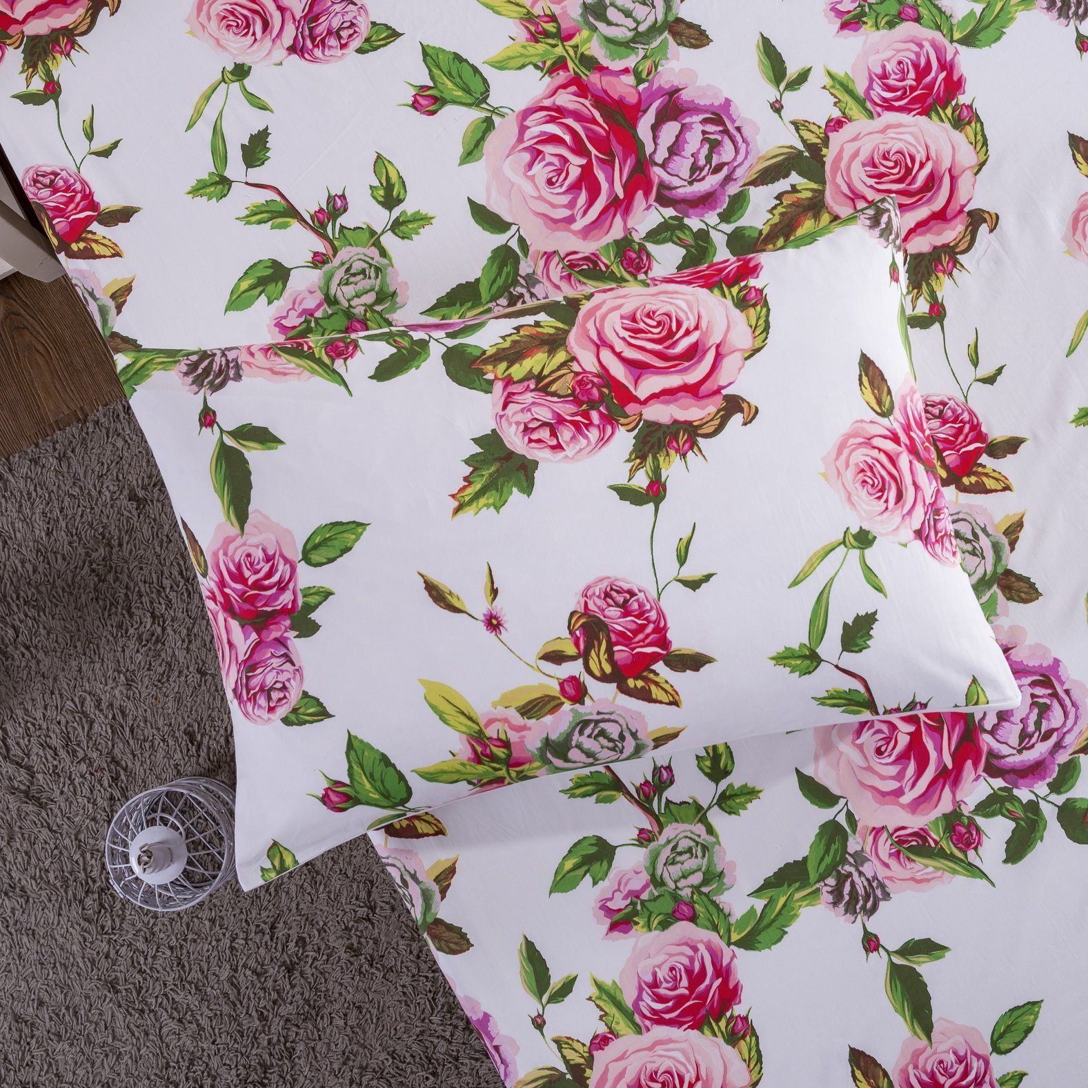 Lovely Spring Pink Floral Fitted Bed Sheet w/ Pillow Cases