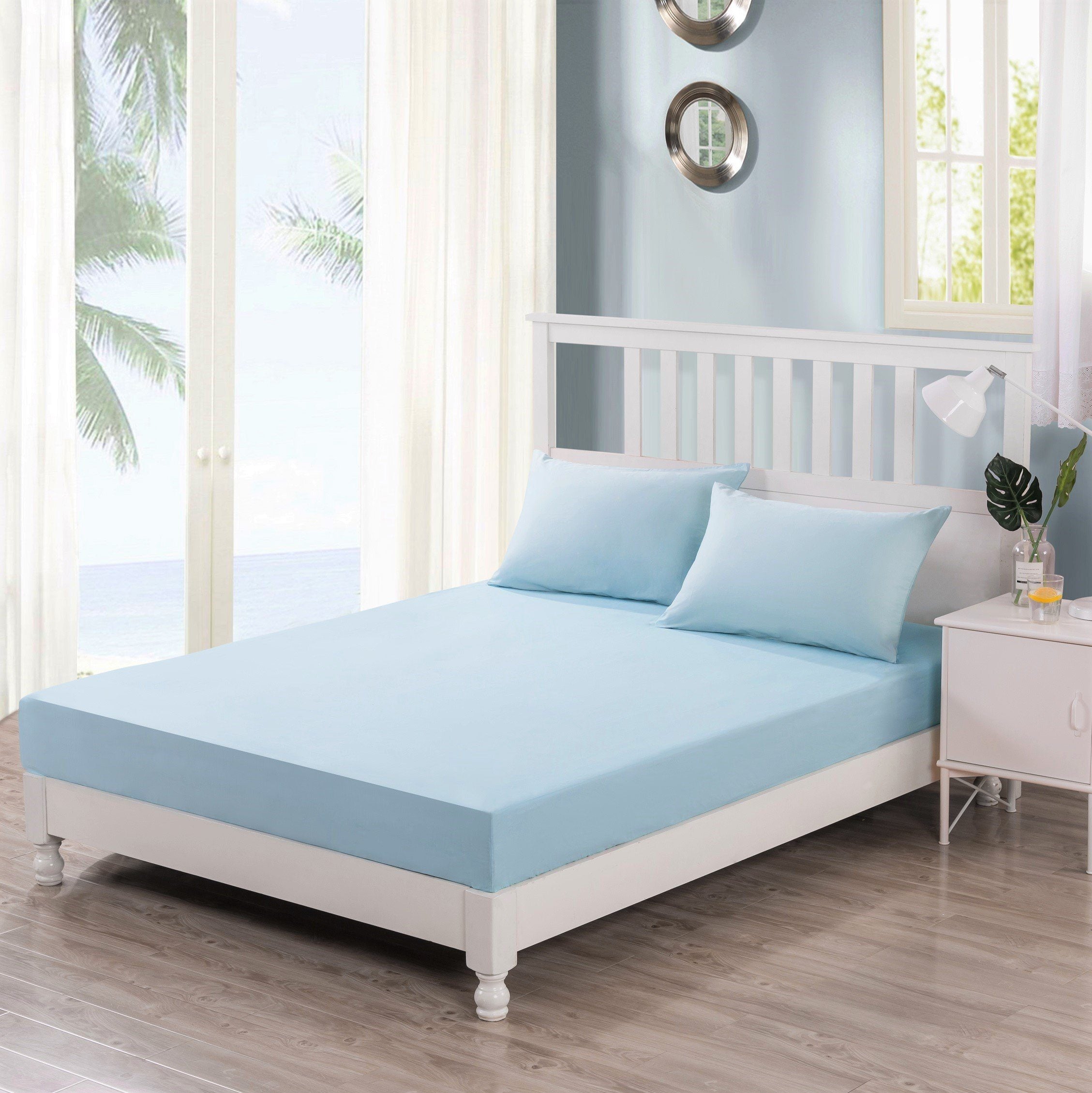 Soothing SeaFoam Sky Blue Cotton Fitted Bed Sheet w/ Pillow Cases