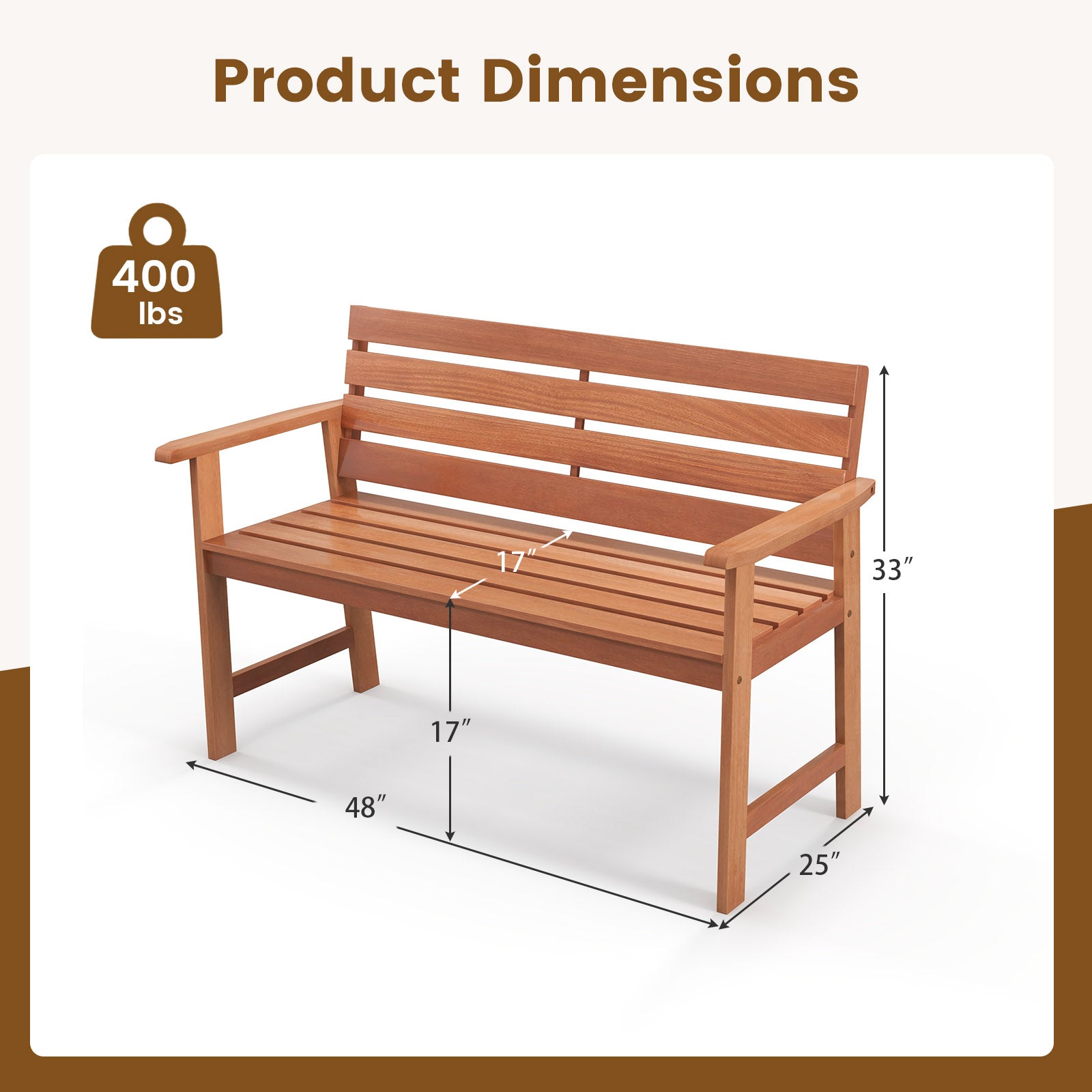 Patio Solid Wood Bench, 2-Seater