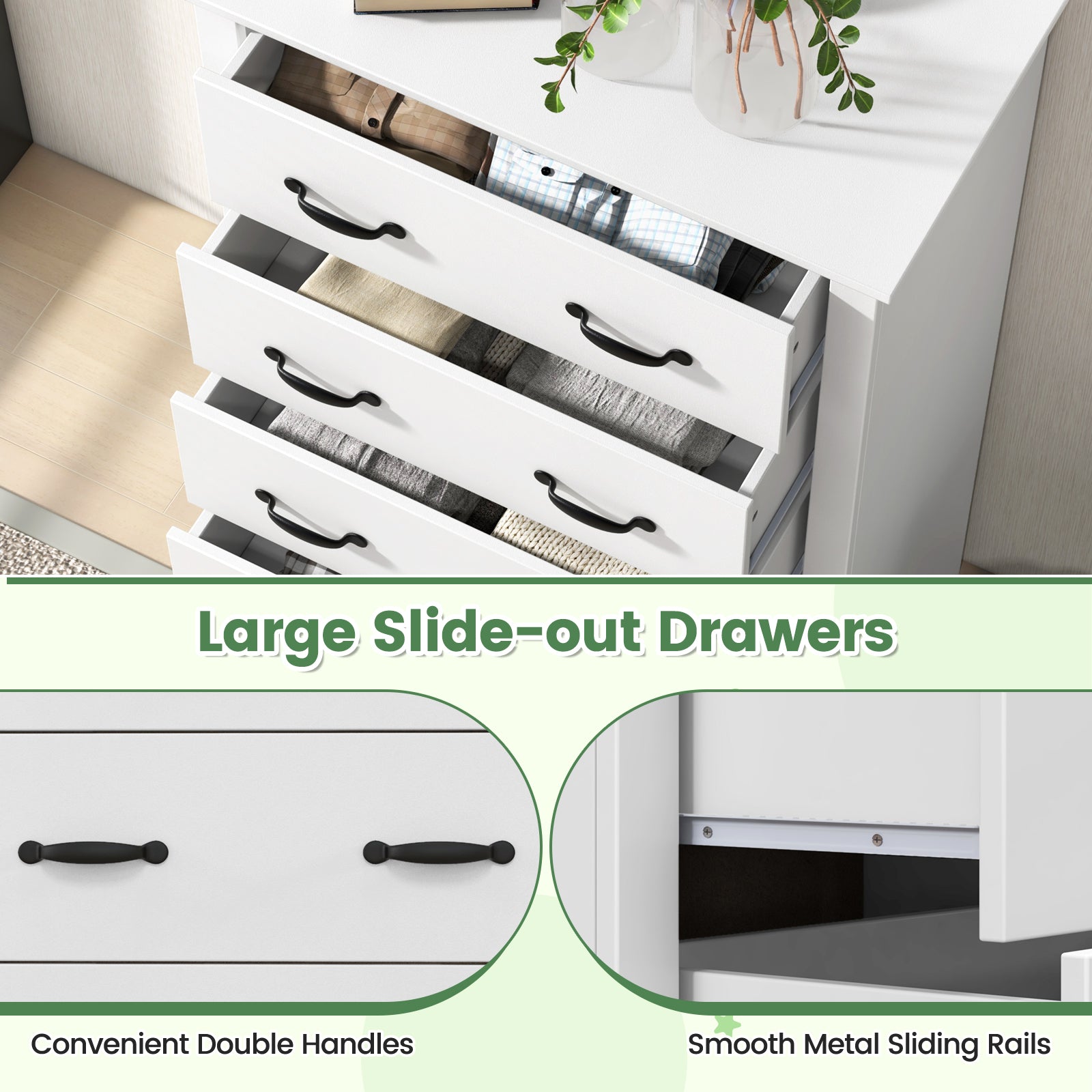 Tall Storage Dresser with 5 Pull-out Drawers for Bedroom Living Room-White