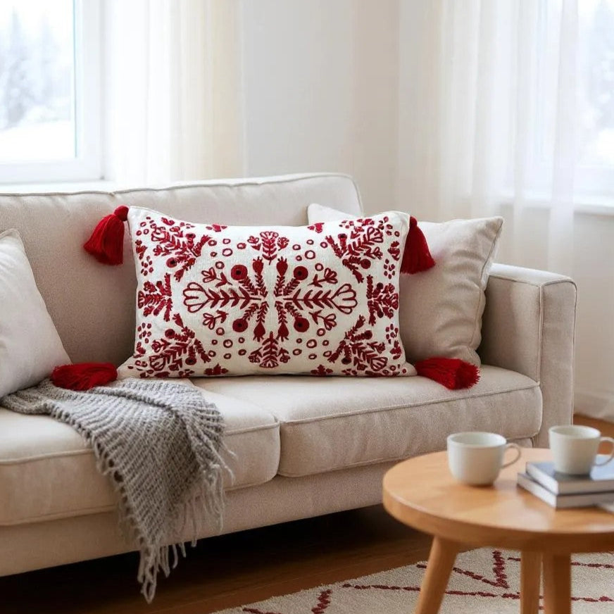 Red & White Embroidered Throw Pillow with Tassels Handcrafted Elegance for Your Home