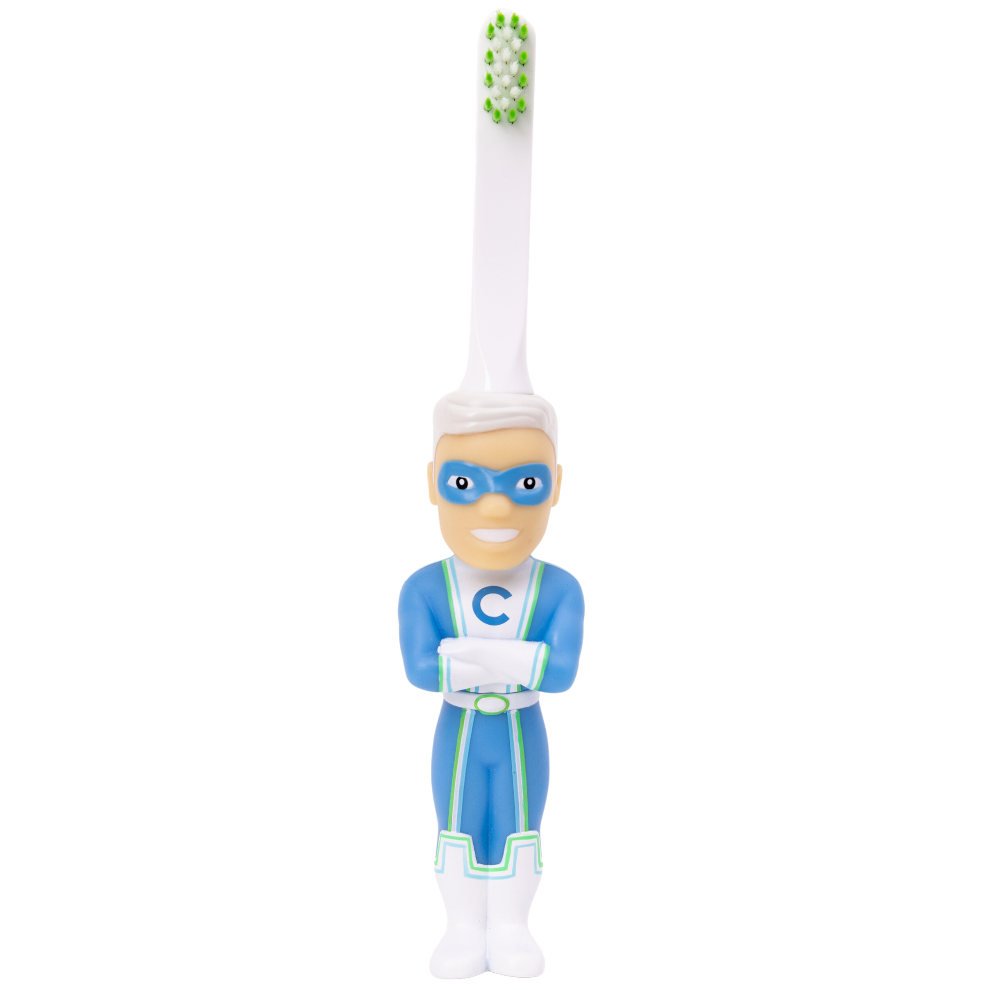 Kids character toothbrush bundle featuring superhero design with blue and white colors and soft bristles