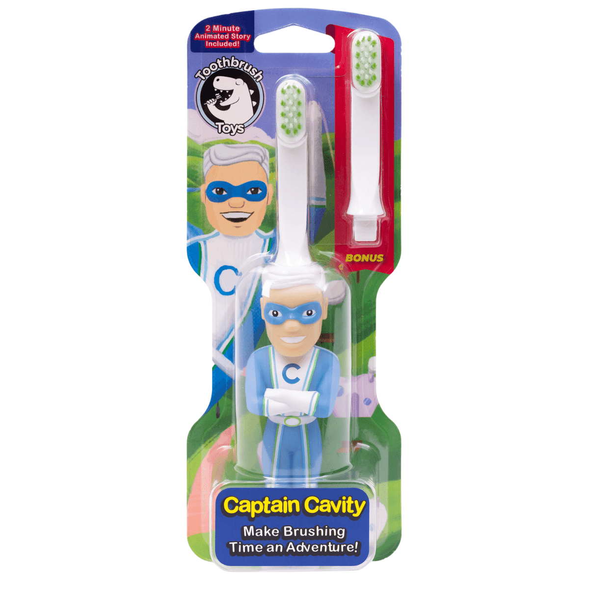 Kids character toothbrush Captain Cavity with bonus brush head for fun dental care