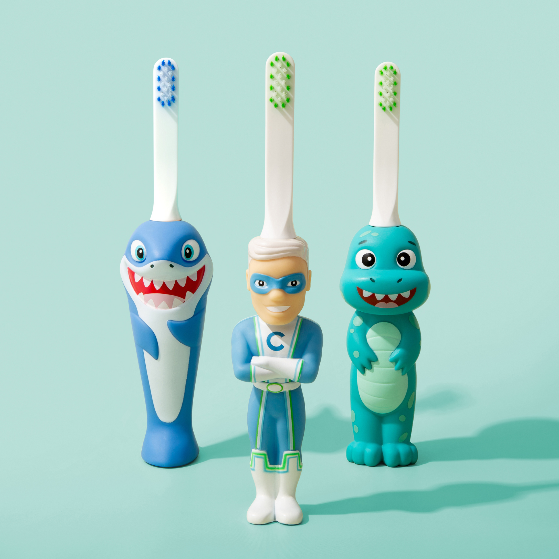 My Store kids character toothbrush set with shark, superhero, and dinosaur designs for children