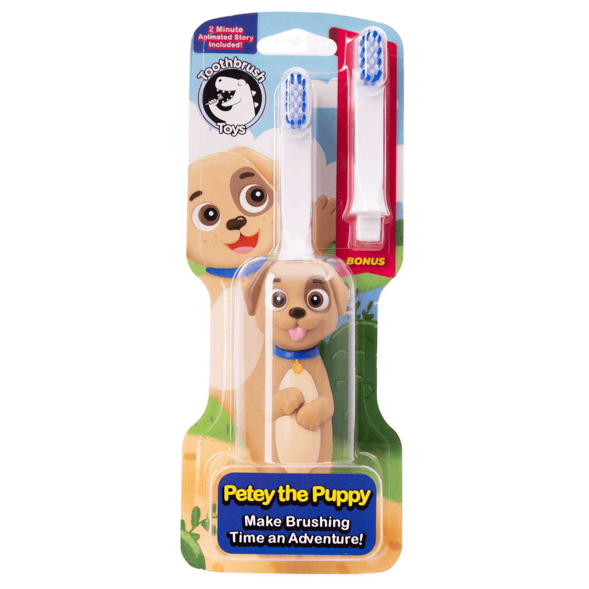 Puppy toothbrush for kids featuring Petey the Puppy character and extra brush head included
