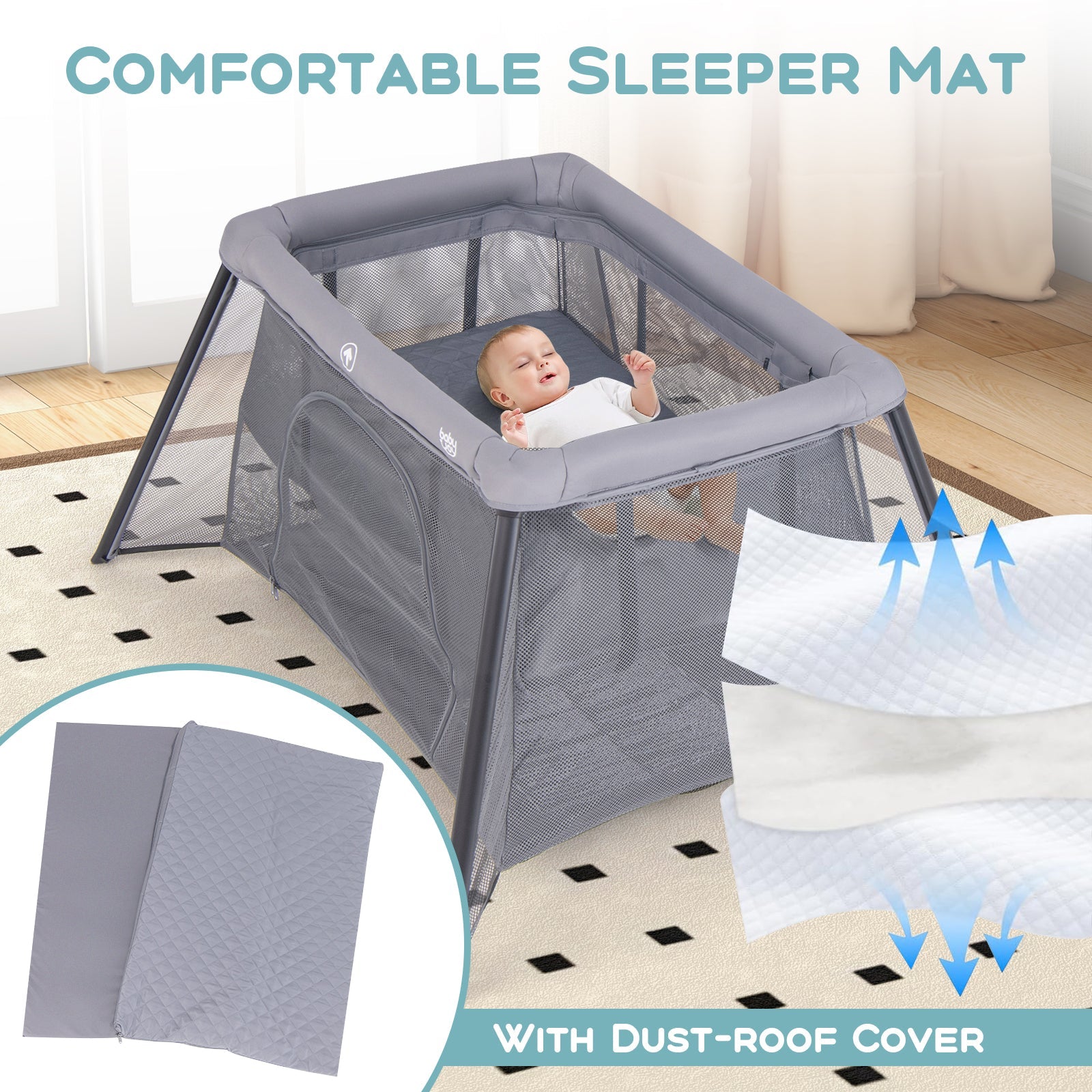 2-in-1 Portable Baby Playpen with Safety Enclosure and Padded Mattress-Dark Gray