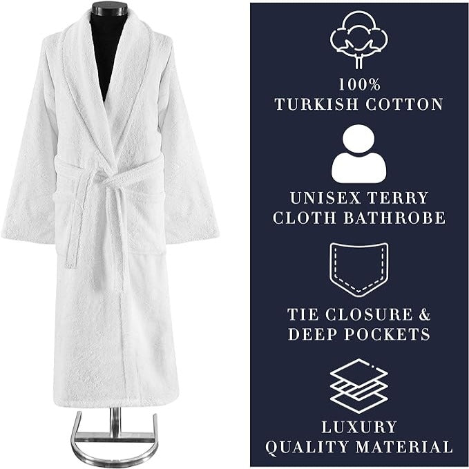 White Terry Cloth Turkish Cotton Shawl Collar Hotel Bathrobe - Unisex Italian Style Fitting - Single Robe - Classic Turkish Towels