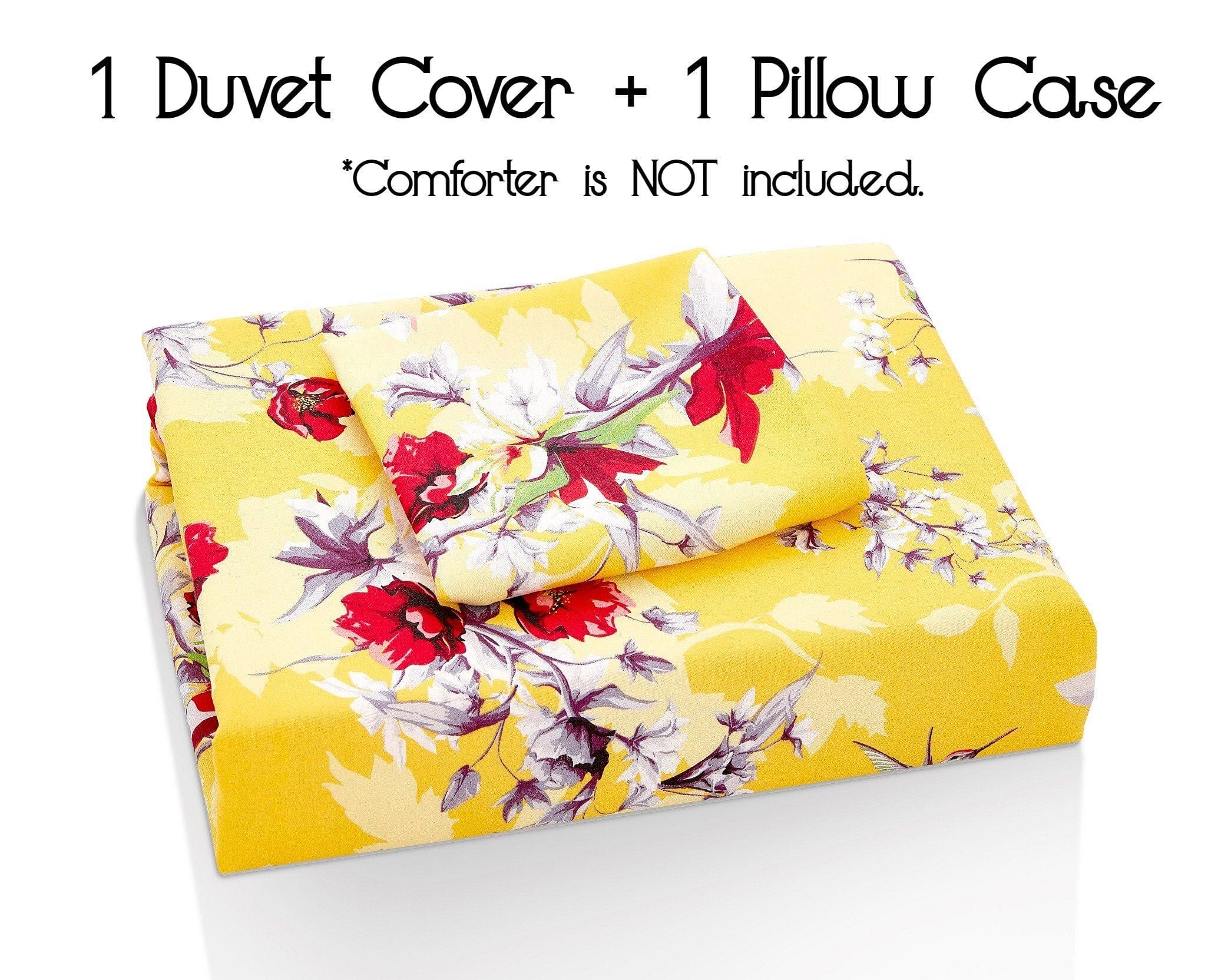 Yellow Hummingbirds Floral Duvet Cover Set w/ Pillow Cases
