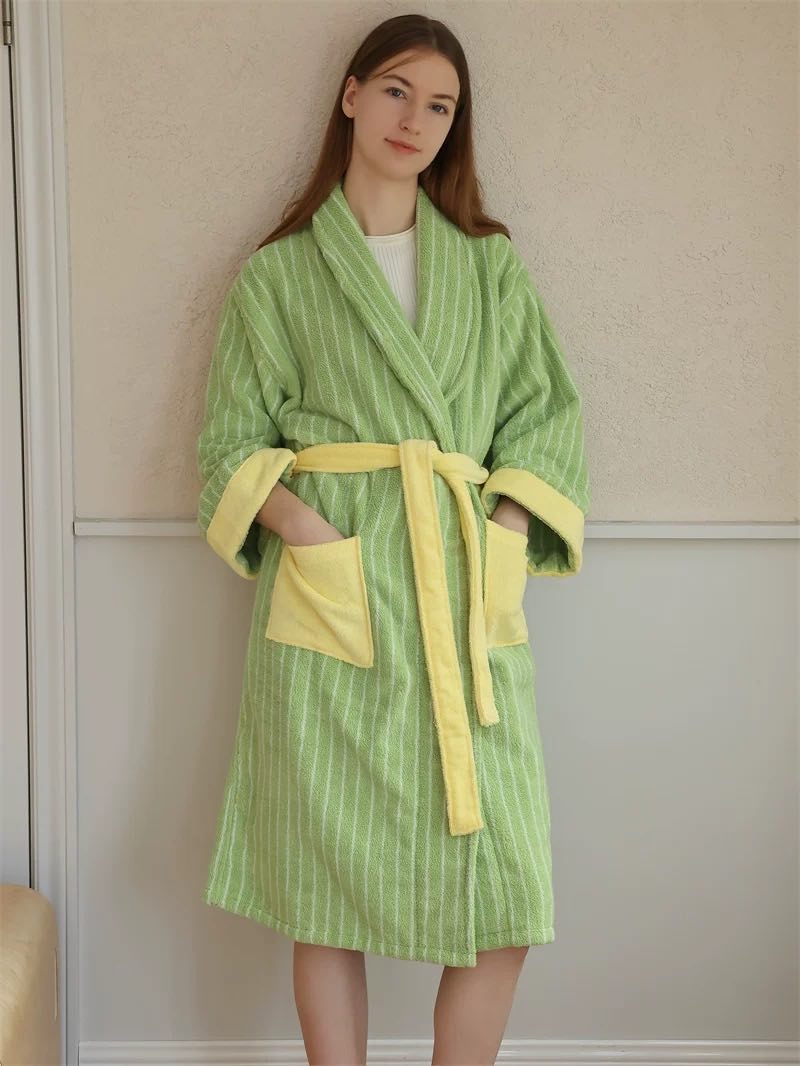 Ultra Soft Dopamine Stripe Bathrobe - 100% Organic Long - stapled Cotton - Dopamine Stripe Bathrobe - Grass Green - INSPECIAL HOME