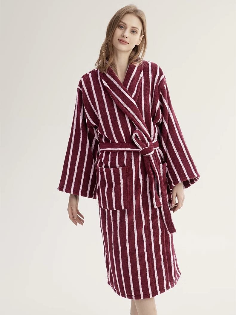 Ultra Soft Retro Stripe Bathrobe - 100% Organic Long - stapled Cotton - Retro Stripe Bath Robe - Berry - INSPECIAL HOME