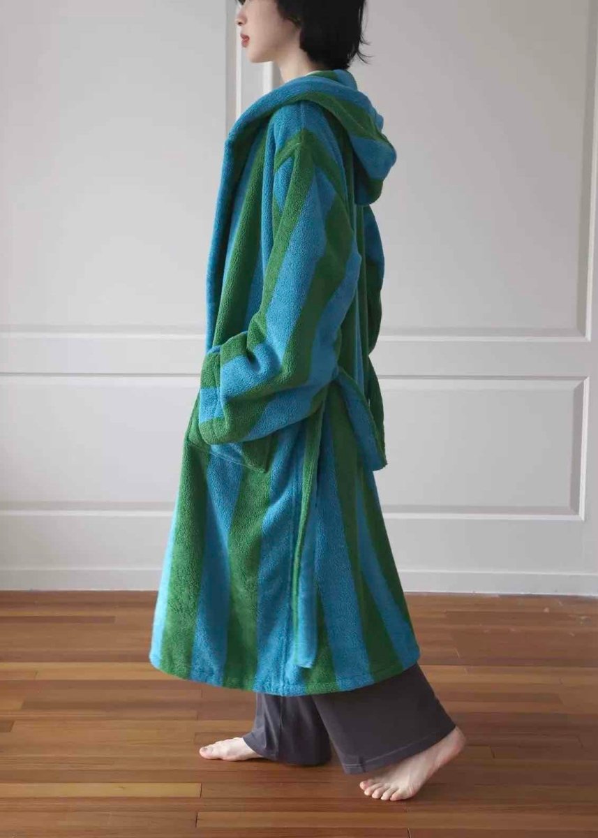 Ultra Soft Retro Whimsical Stripe Bath Robe - 100% Organic Long - stapled Cotton - Retro Whimsical Stripe Bath Robe - Blue & Green Stripe - INSPECIAL HOME