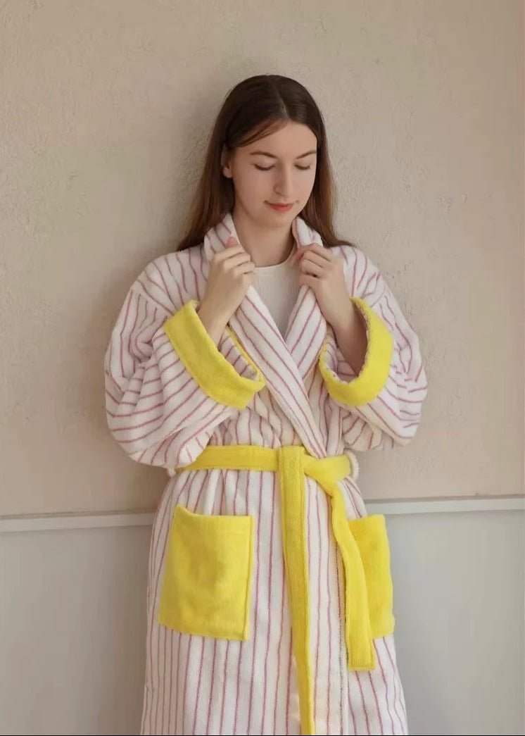 Ultra Soft Whimsical Stripe Bathrobe - 100% Organic Long - stapled Cotton - Whimsical Stripe Bathrobe - Yellow - INSPECIAL HOME