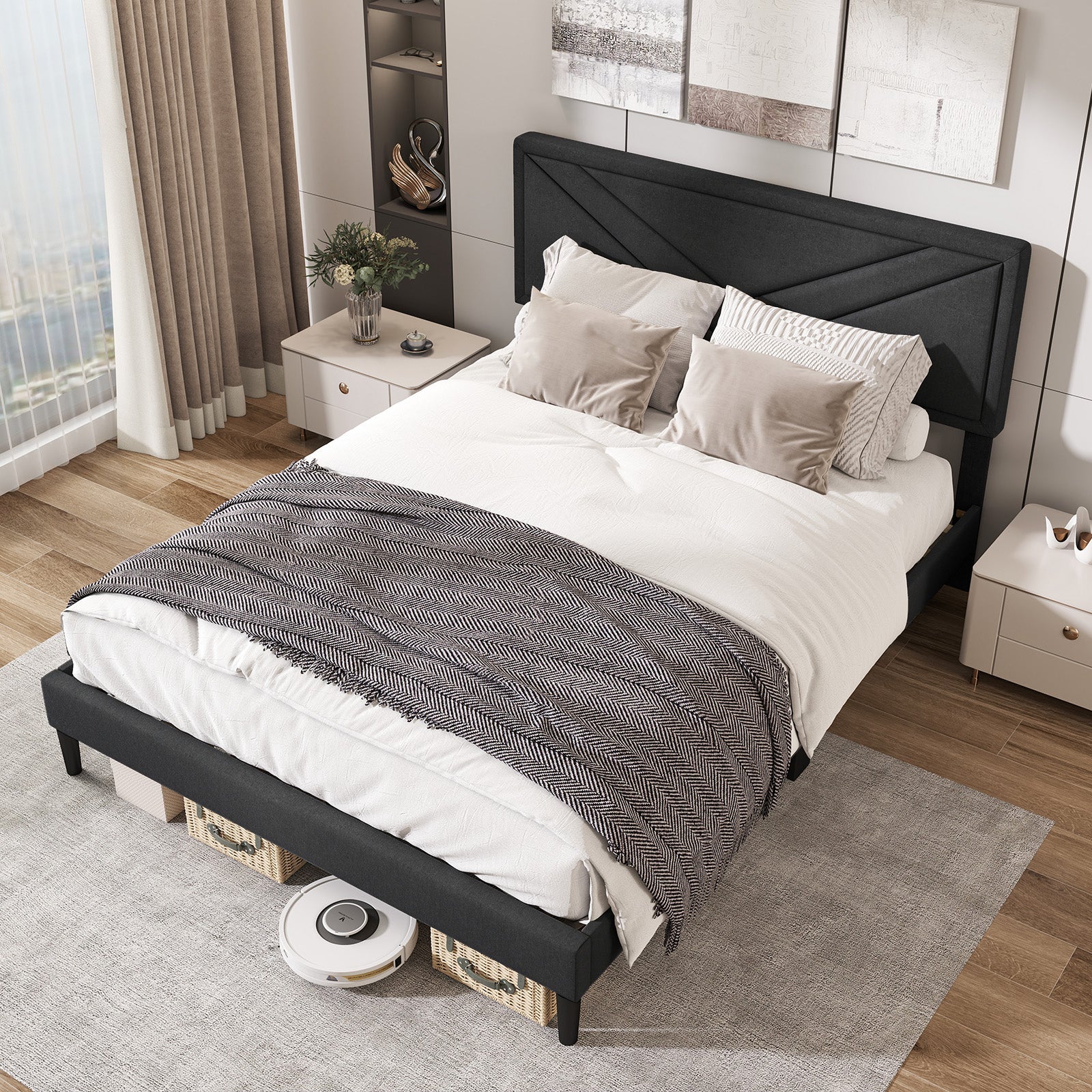 Upholstered Platform Bed with Tufted Headboard and Wooden Slats-Queen Size