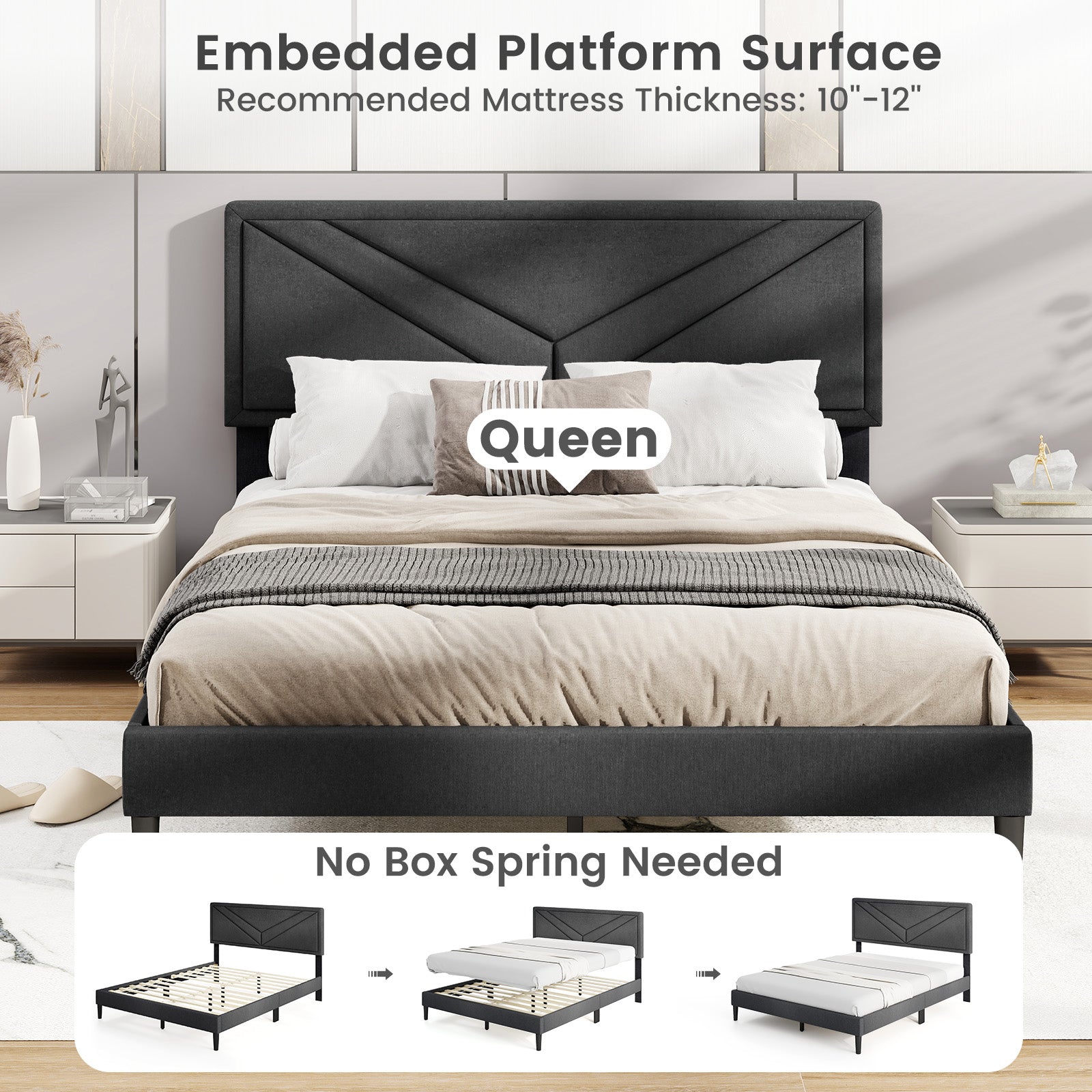 Upholstered Platform Bed with Tufted Headboard and Wooden Slats-Queen Size