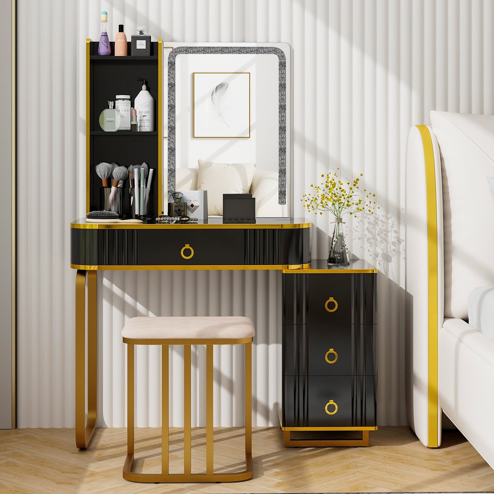 Vanity Table Set with RGB LED Lights and Wireless Charging Station-Black