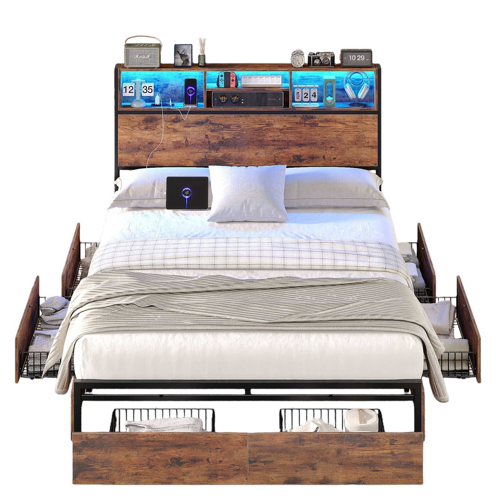 Bed Frame with LED Headboard, Charging Ports