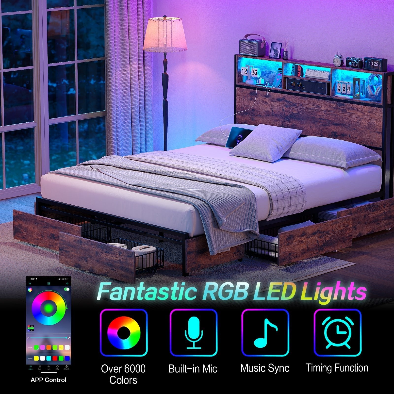 Bed Frame with LED Headboard, Charging Ports