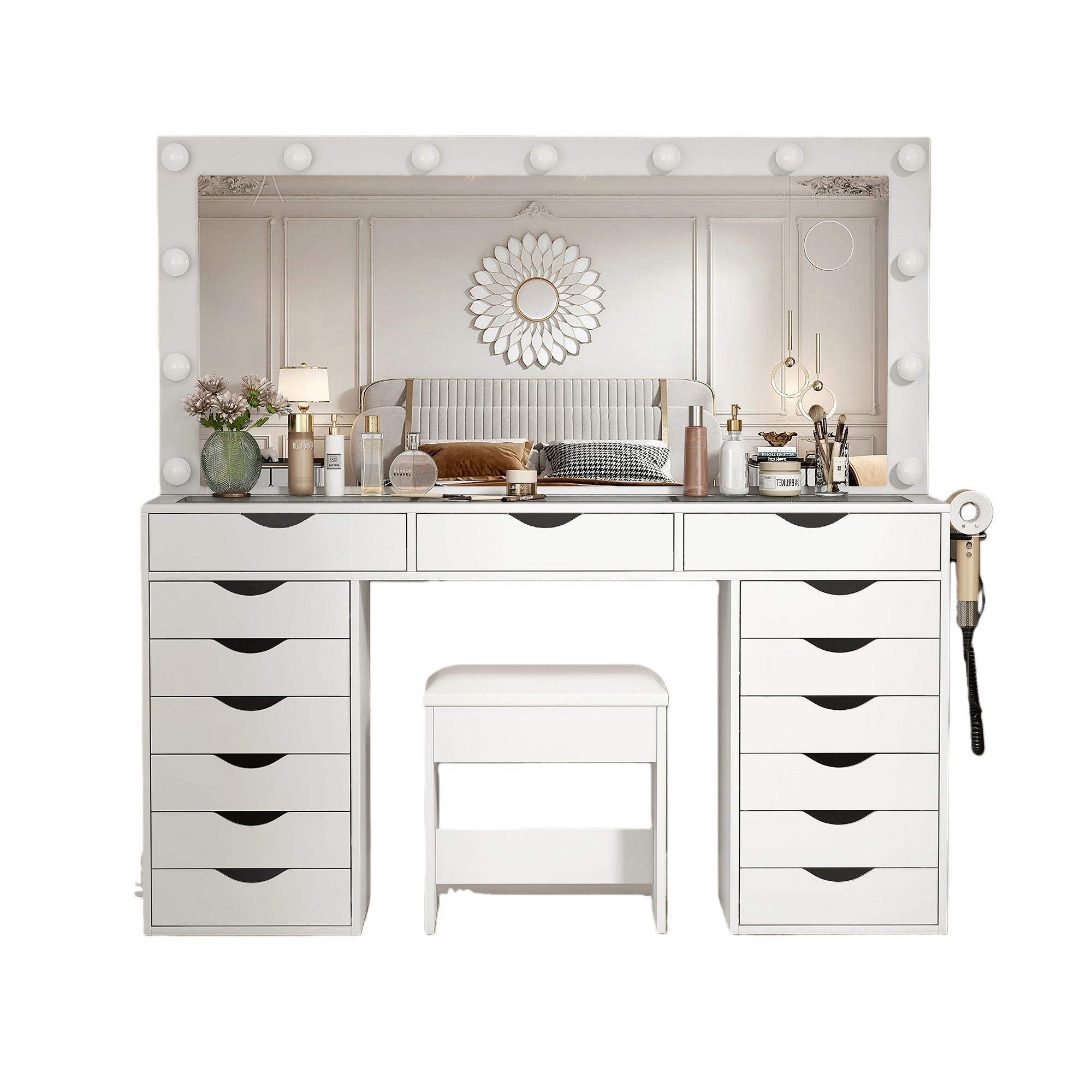 Makeup Vanity desk with LED Mirro, 15 Drawers