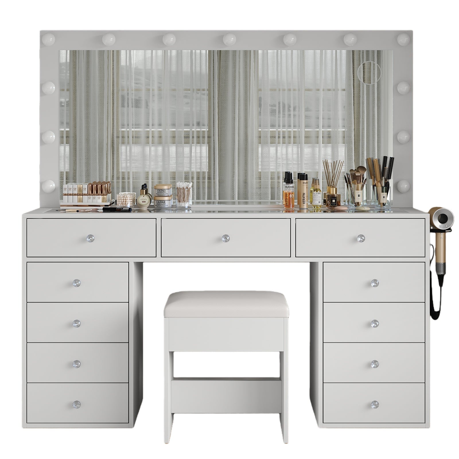 Makeup Vanity desk with LED Mirror, 11 Drawers