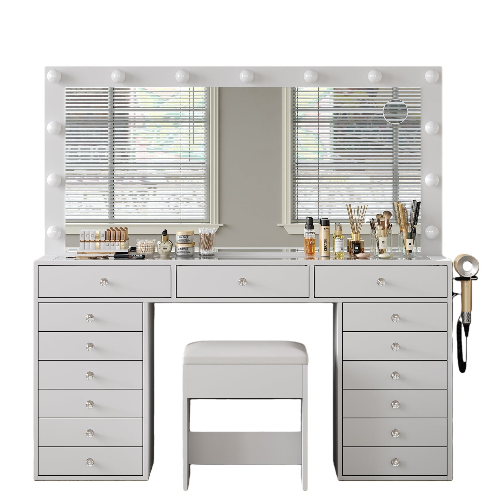 Makeup Vanity desk with LED Mirror, 15 Drawers