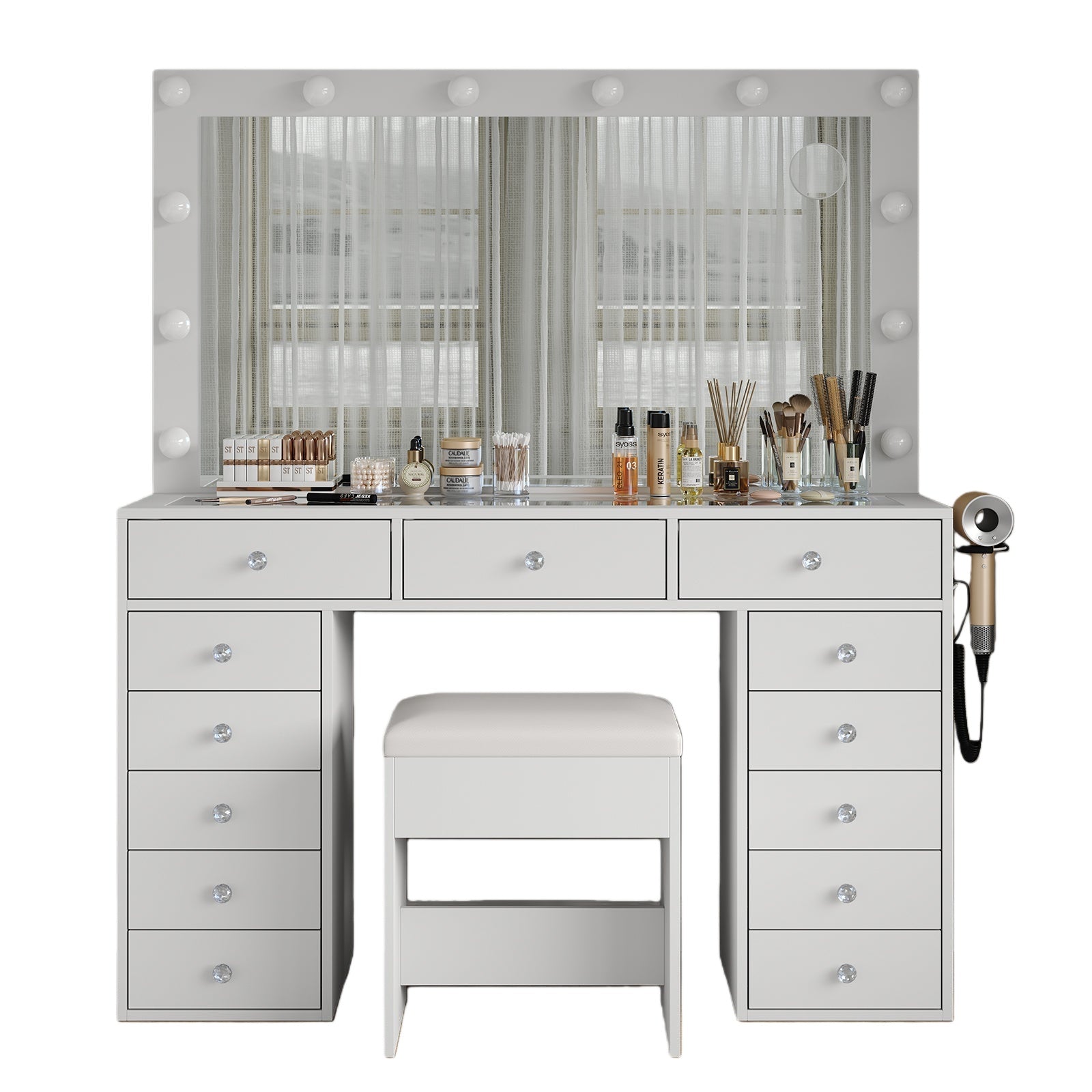 Makeup Vanity desk with LED Mirror, 13 Drawers