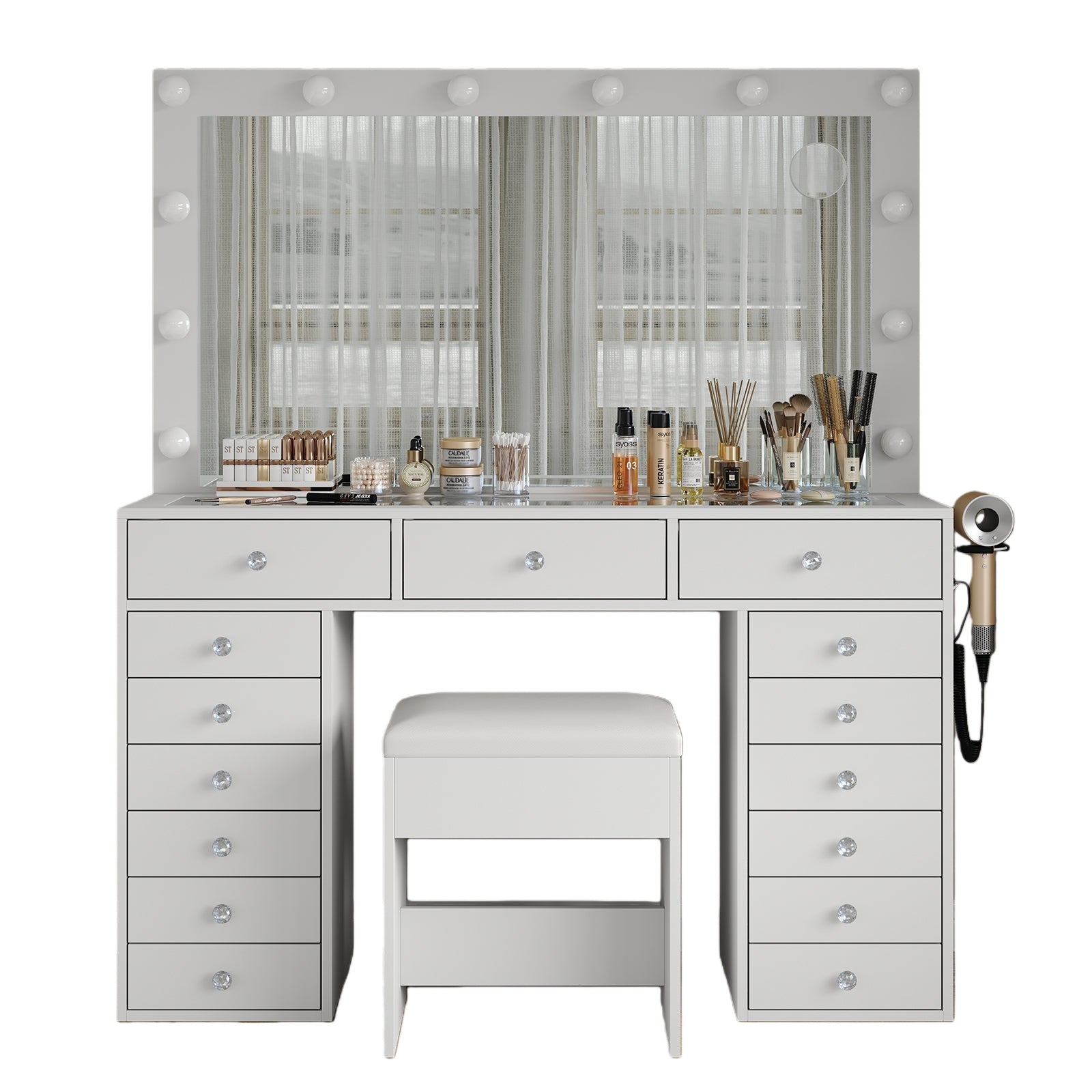 Makeup Vanity desk with LED Mirror, 15 Drawers